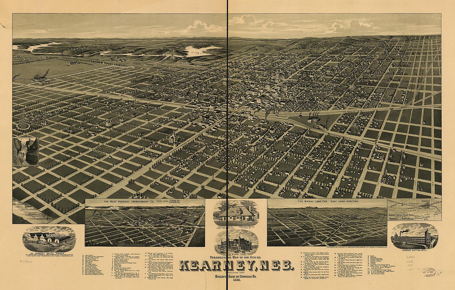 This old map of Perspective Map of the City of Kearney, Neb. County Seat of Buffalo County from 1889 was created by Wis.) American Publishing Co. (Milwaukee, H. (Henry) Wellge in 1889