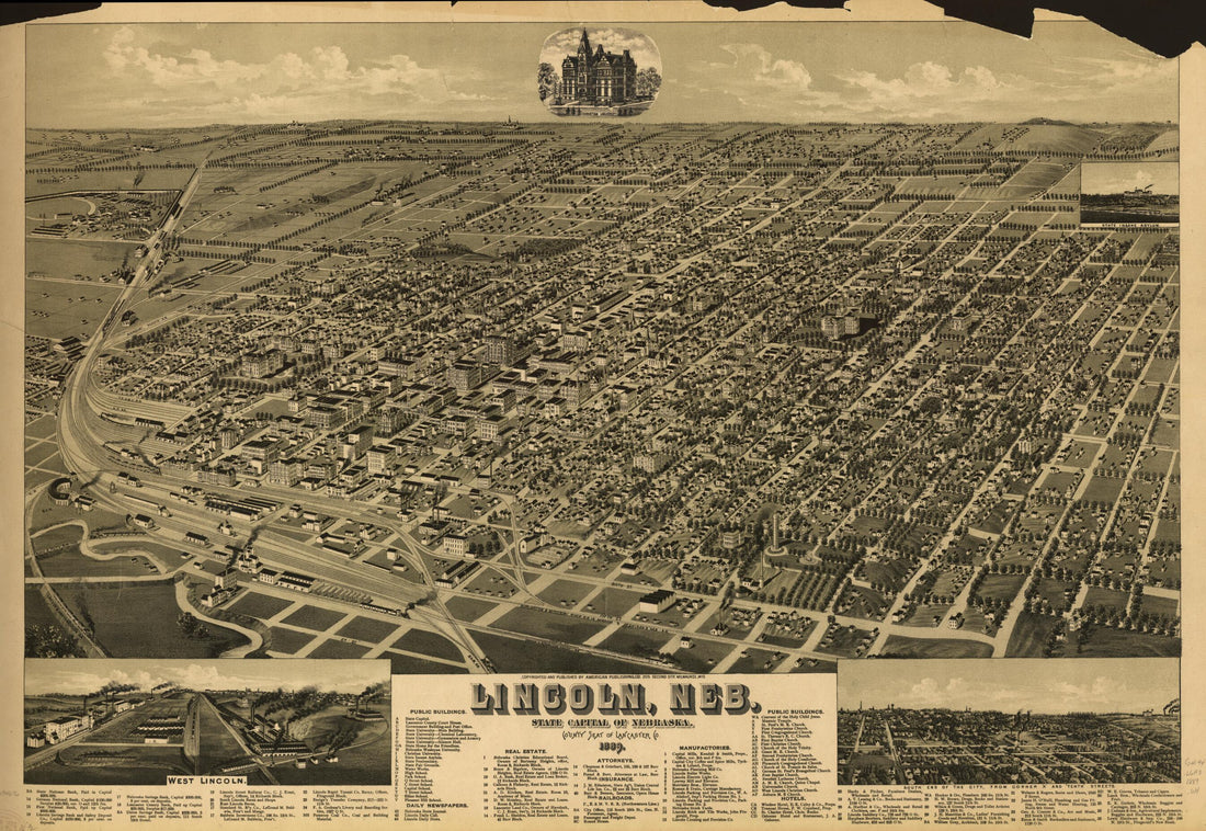 This old map of Lincoln, Neb., State Capitol of Nebraska, County Seat of Lancaster Co. from 1889 was created by Wis.) American Publishing Co. (Milwaukee, H. (Henry) Wellge in 1889