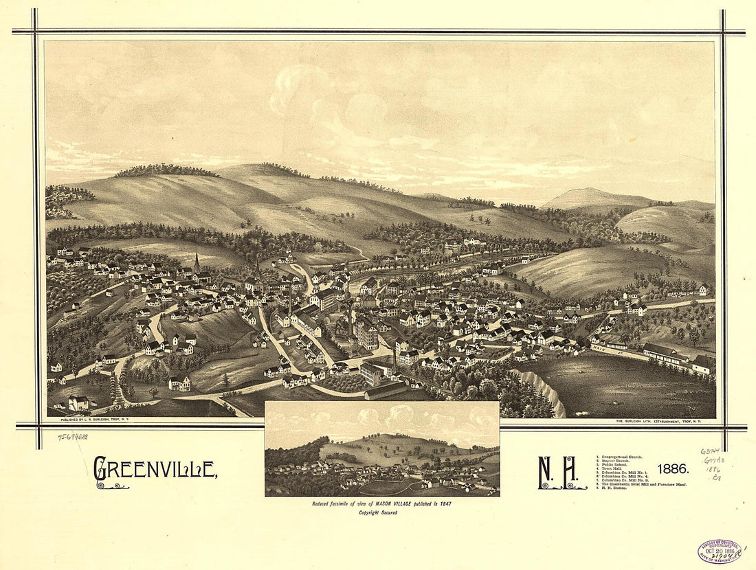 This old map of Greenville, New Hampshire from 1886 was created by  Burleigh Litho, L. R. (Lucien R.) Burleigh in 1886