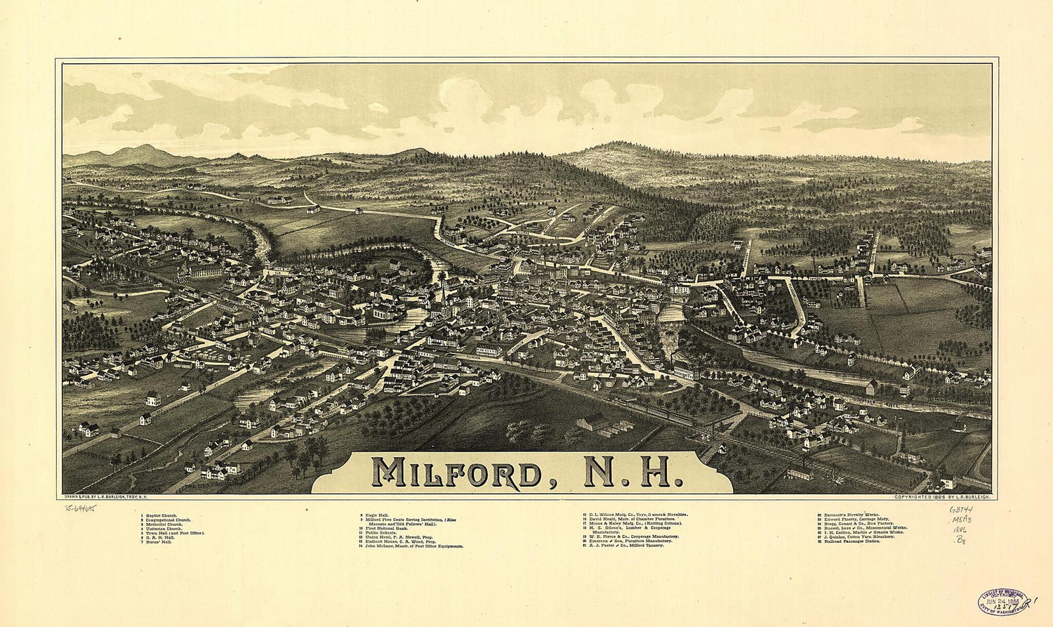 This old map of Milford, New Hampshire from 1886 was created by L. R. (Lucien R.) Burleigh,  C.H. Vogt (Firm) in 1886