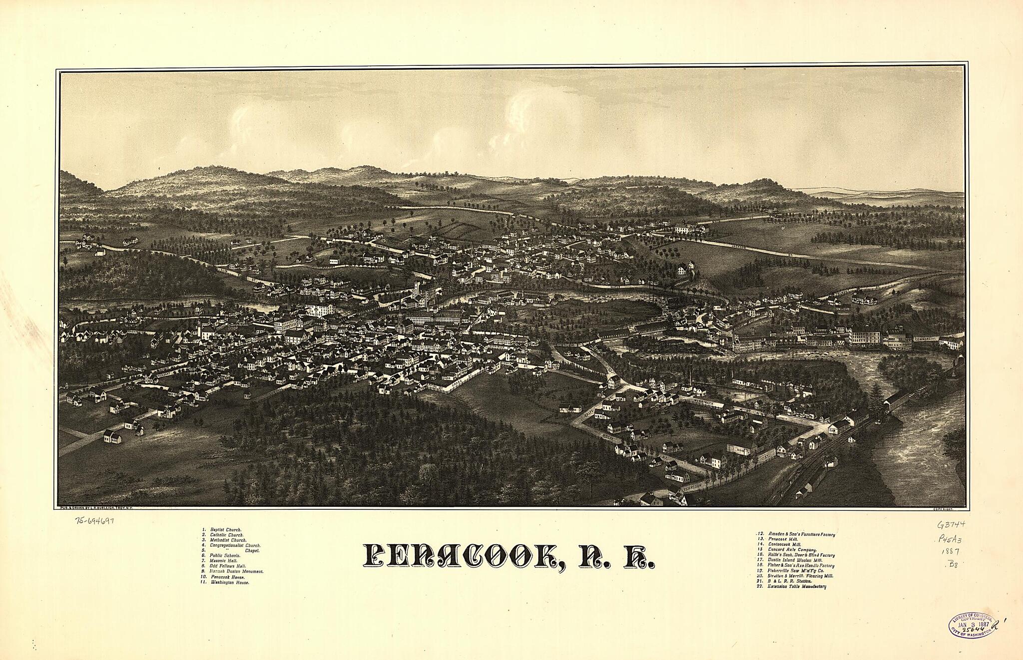 This old map of Penacook, New Hampshire from 1887 was created by L. R. (Lucien R.) Burleigh in 1887