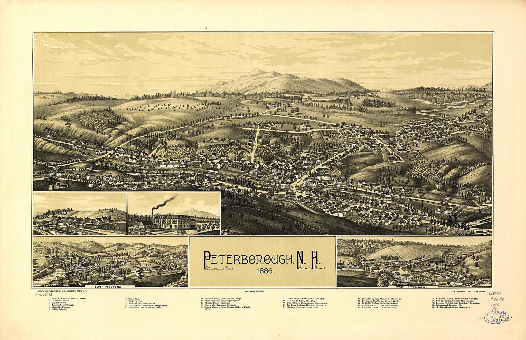 This old map of Peterborough, New Hampshire from 1886 was created by  Burleigh Litho, L. R. (Lucien R.) Burleigh in 1886