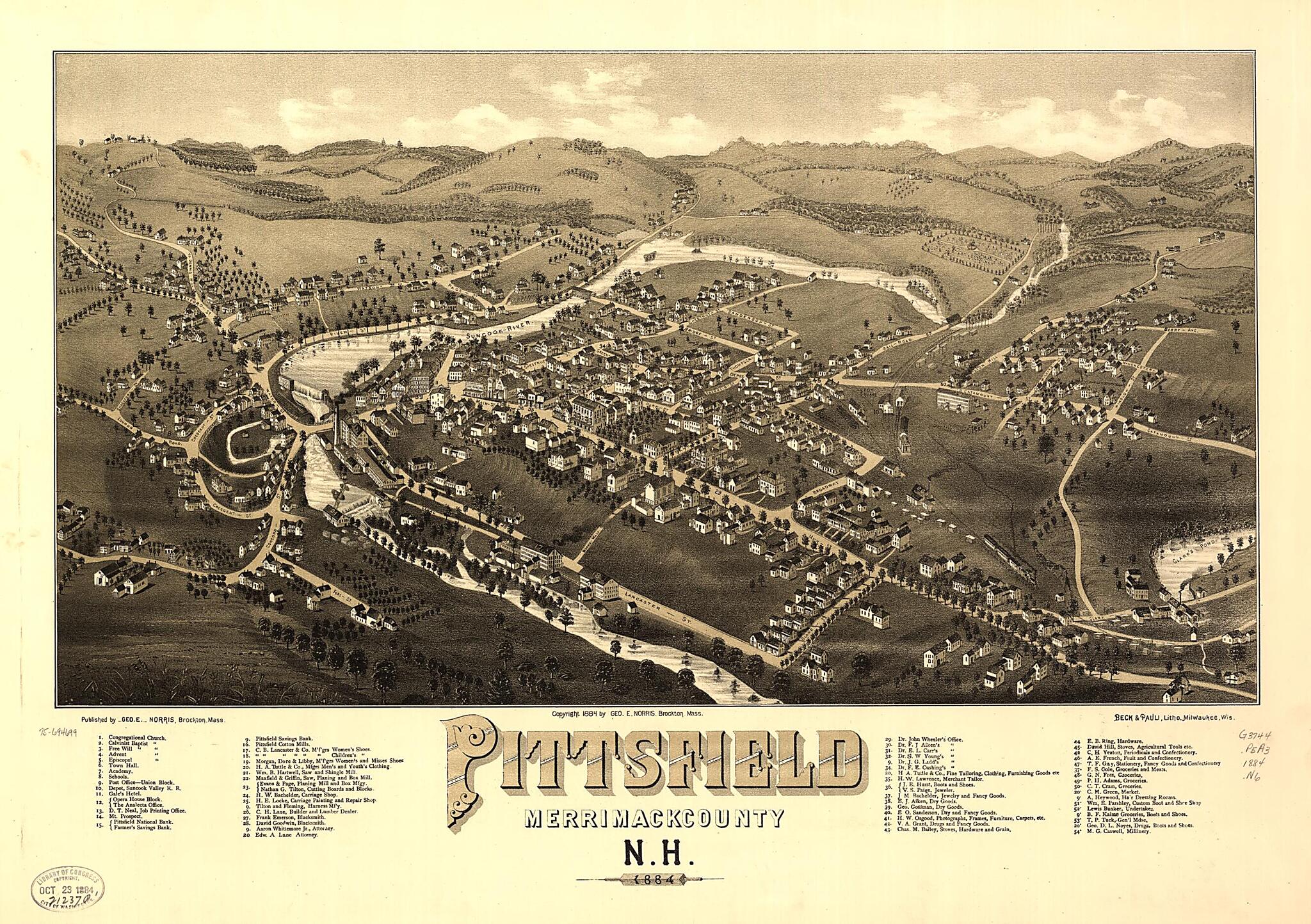This old map of Pittsfield, Merrimackcounty, New Hampshire from 1884 was created by  Beck &amp; Pauli, George E. Norris in 1884