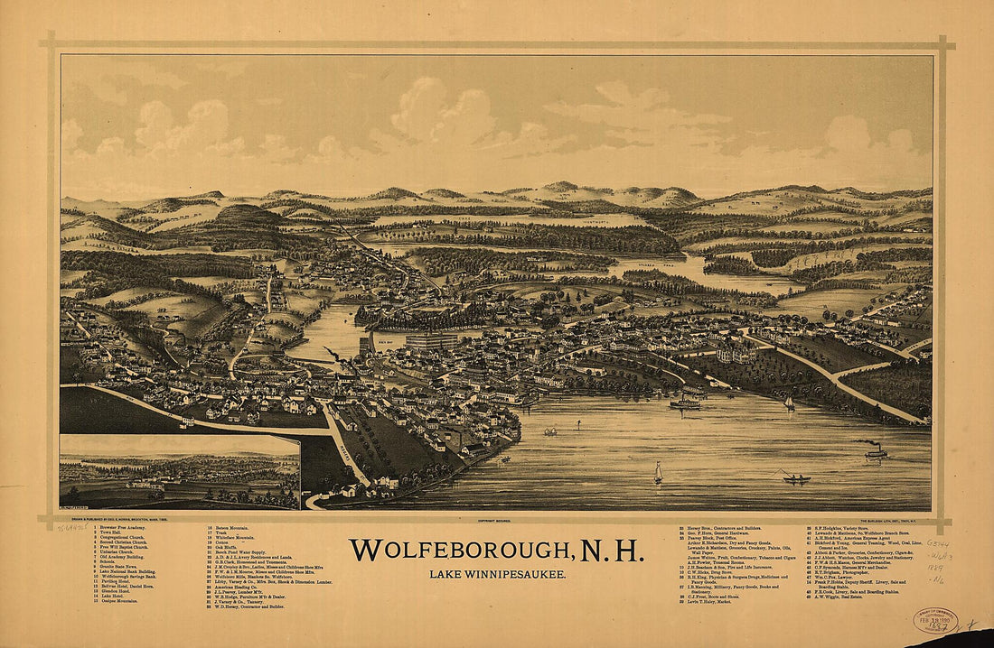 This old map of Wolfeborough, New Hampshire, Lake Winnipesaukee from 1889 was created by  Burleigh Litho, George E. Norris in 1889