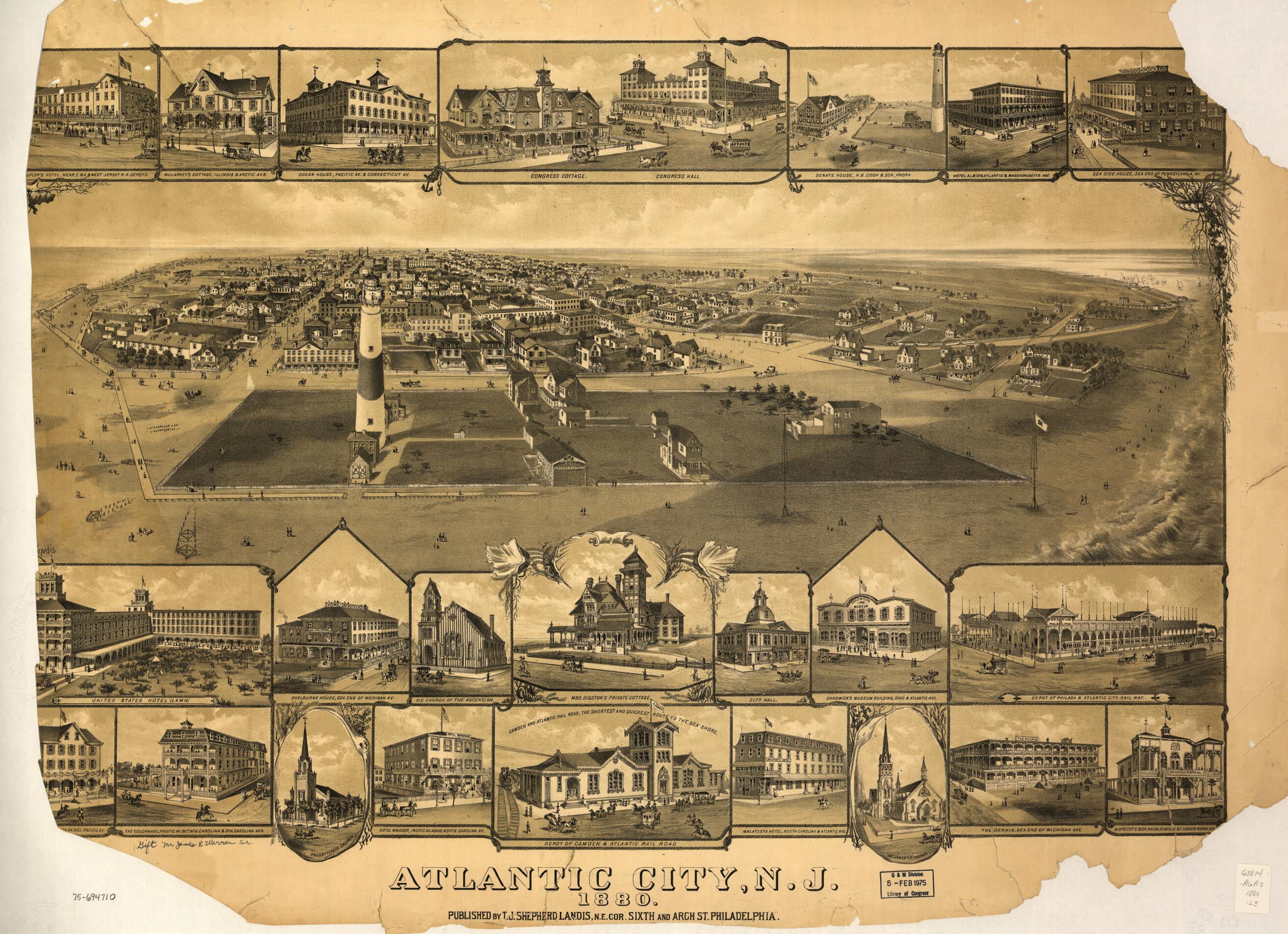 This old map of Atlantic City, New Jersey from 1880 was created by T. J. Shepherd Landis in 1880