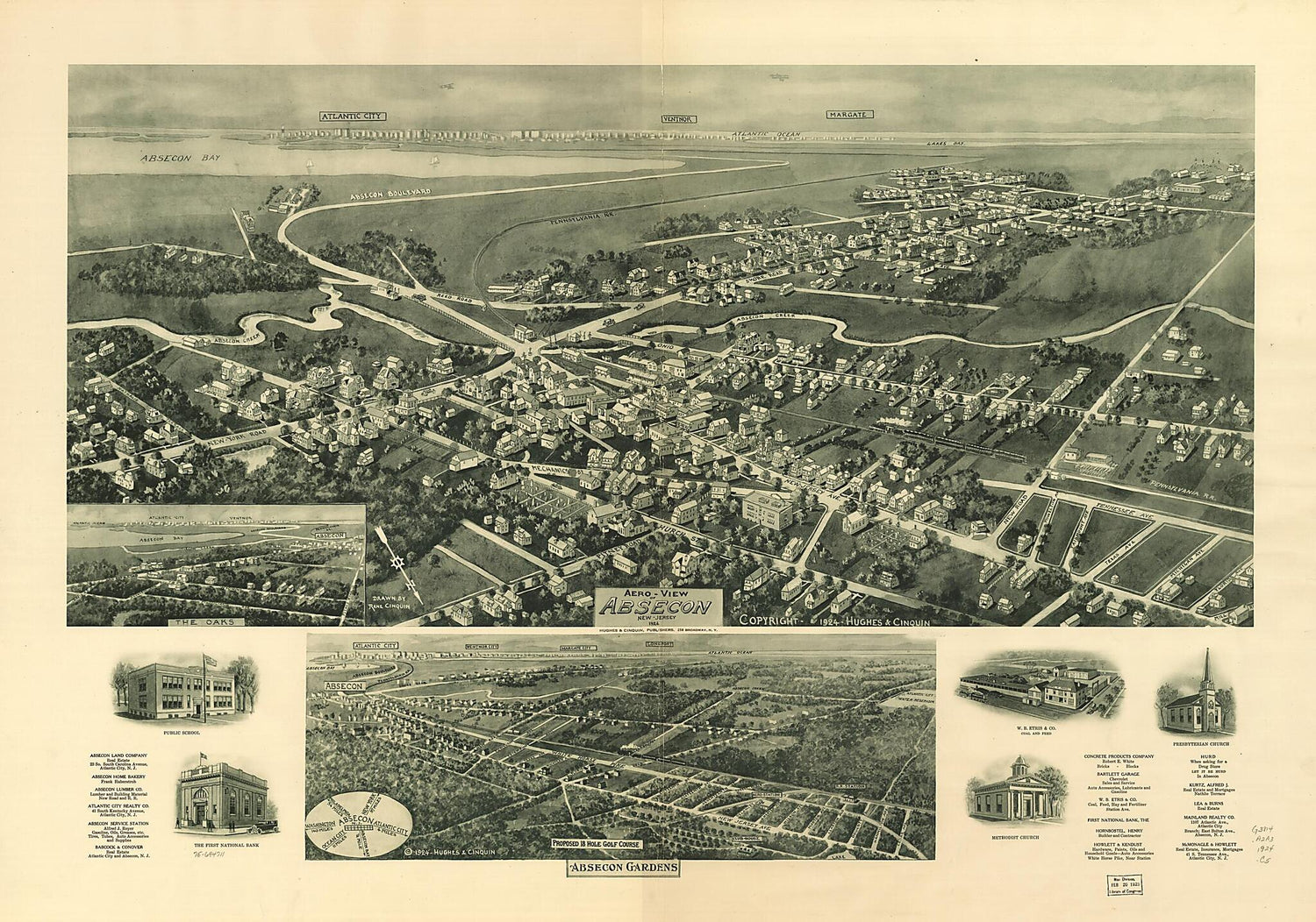 This old map of View of Absecon, New Jersey from 1924 was created by Rene Cinquin,  Hughes &amp; Cinquin in 1924