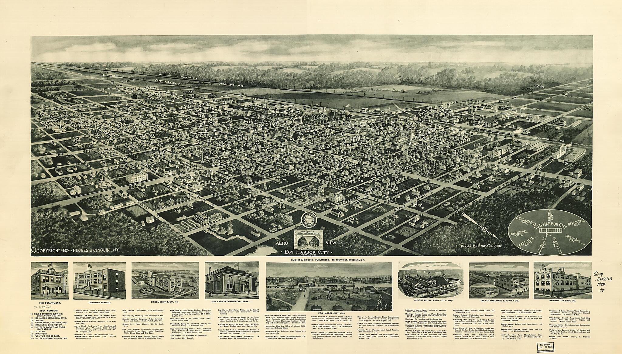 This old map of Aero View of Egg Harbor City, New Jersey from 1924 was created by Rene Cinquin,  Hughes &amp; Cinquin in 1924