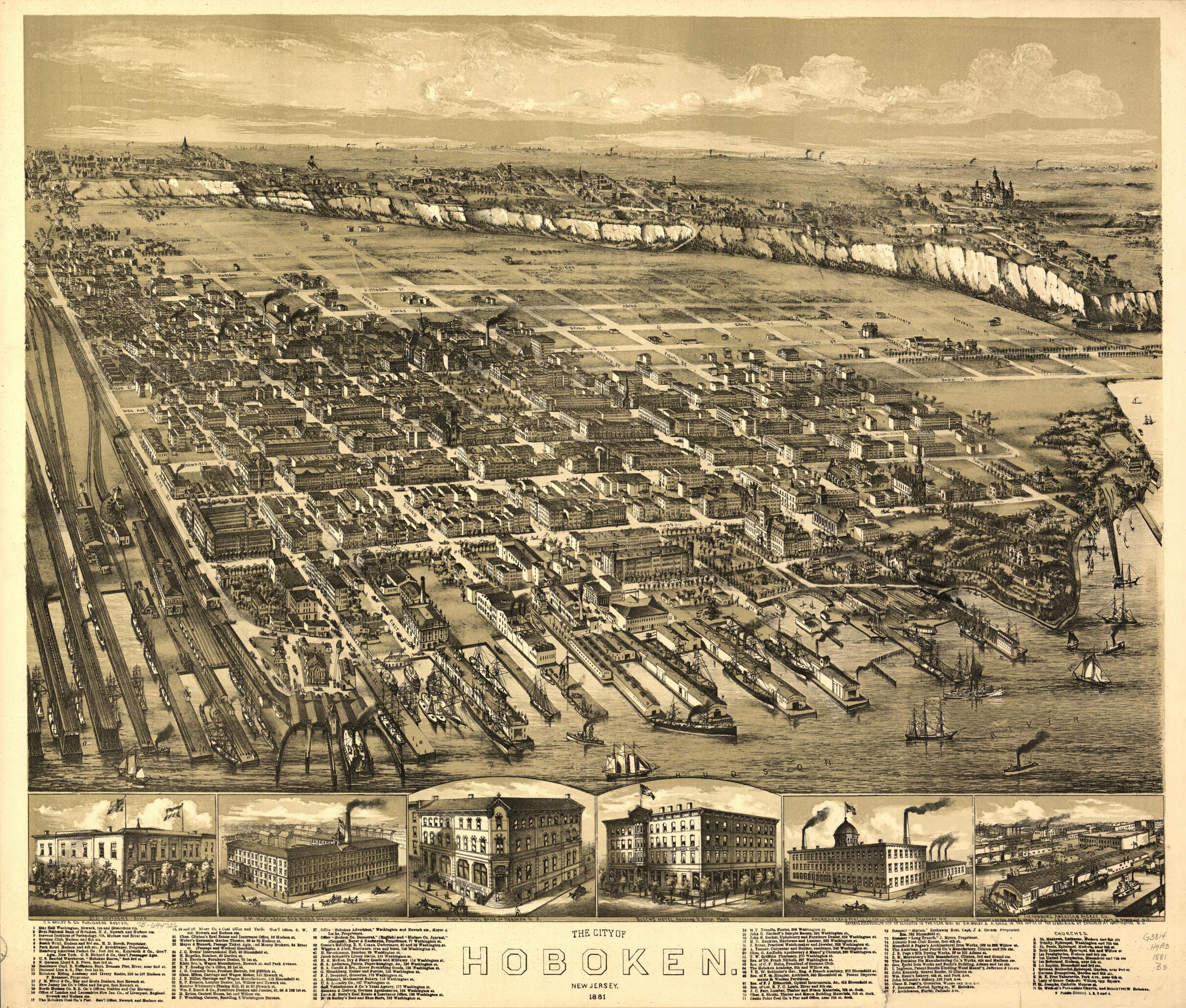 This old map of The City of Hoboken, New Jersey, from 1881 was created by O. H. (Oakley Hoopes) Bailey,  O.H. Bailey &amp; Co, Albert Ward in 1881