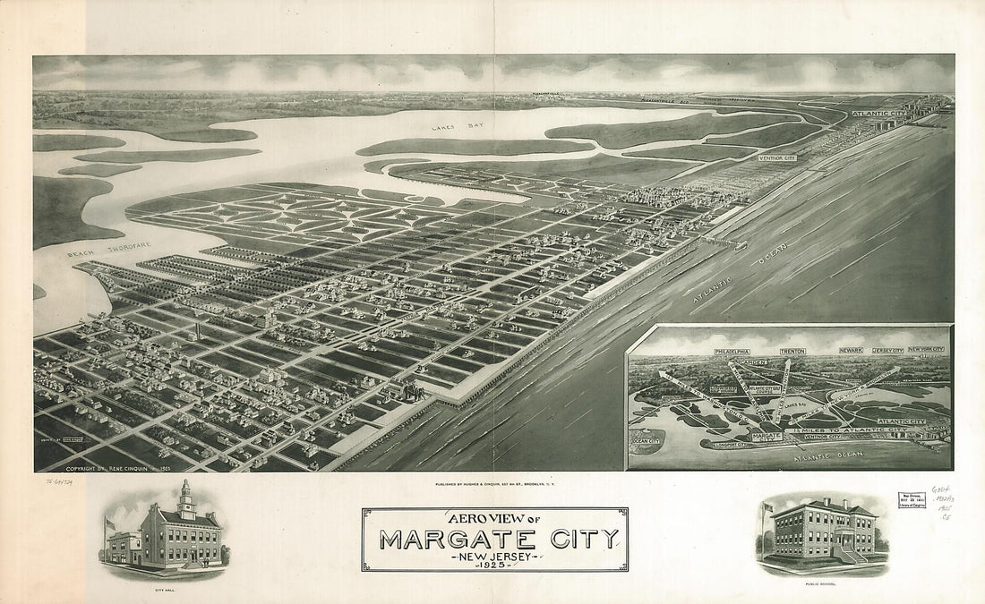 This old map of Aeroview of Margate City, New Jersey from 1925 was created by Rene Cinquin,  Hughes &amp; Cinquin in 1925