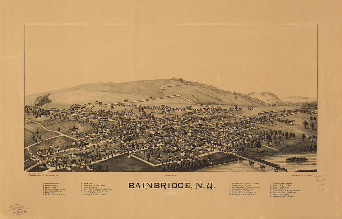 This old map of Bainbridge, New York from 1889 was created by  Burleigh Litho, L. R. (Lucien R.) Burleigh in 1889