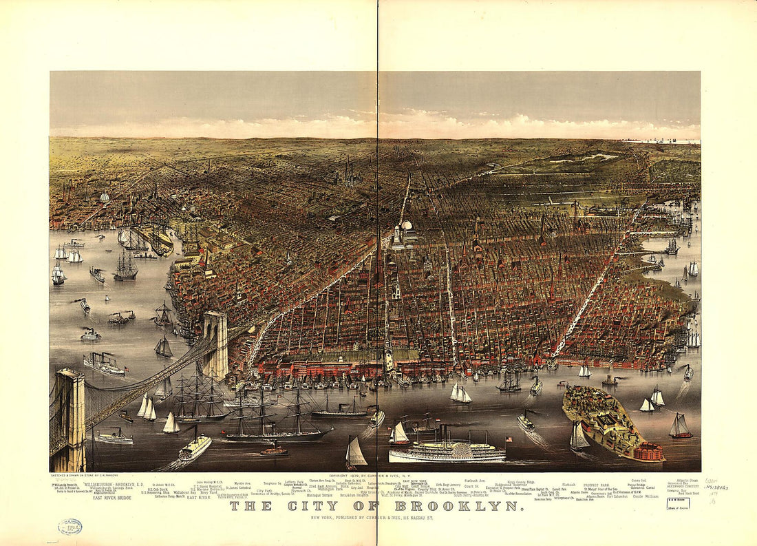 This old map of The City of Brooklyn from 1879 was created by  Currier &amp; Ives, Charles R. (Charles Richard) Parsons in 1879