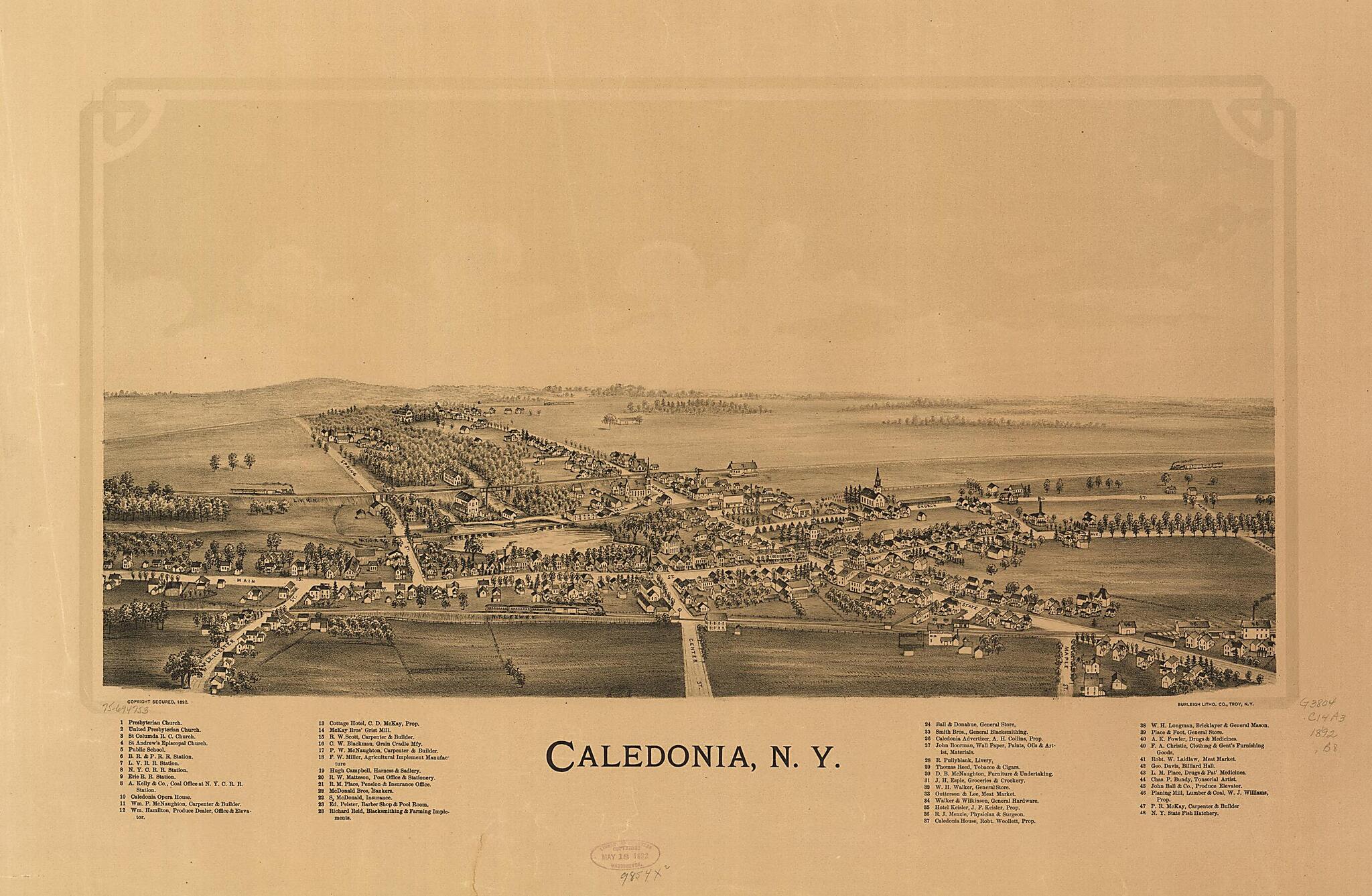 This old map of Caledonia, New York from 1892 was created by  Burleigh Litho in 1892