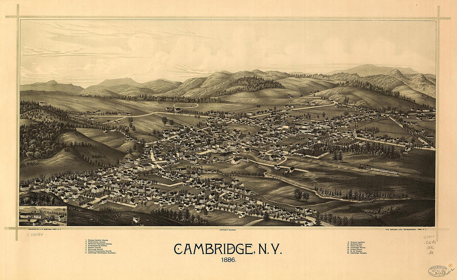 This old map of Cambridge, New York from 1886 was created by  Burleigh Litho, L. R. (Lucien R.) Burleigh in 1886