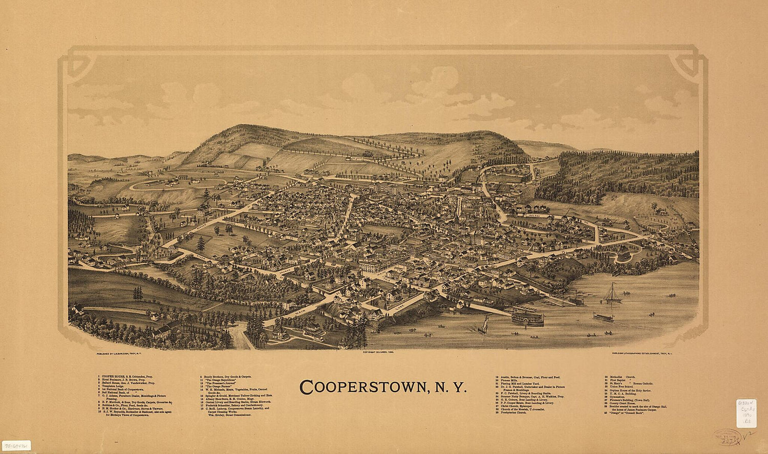 This old map of Cooperstown, New York from 1890 was created by  Burleigh Litho, L. R. (Lucien R.) Burleigh in 1890