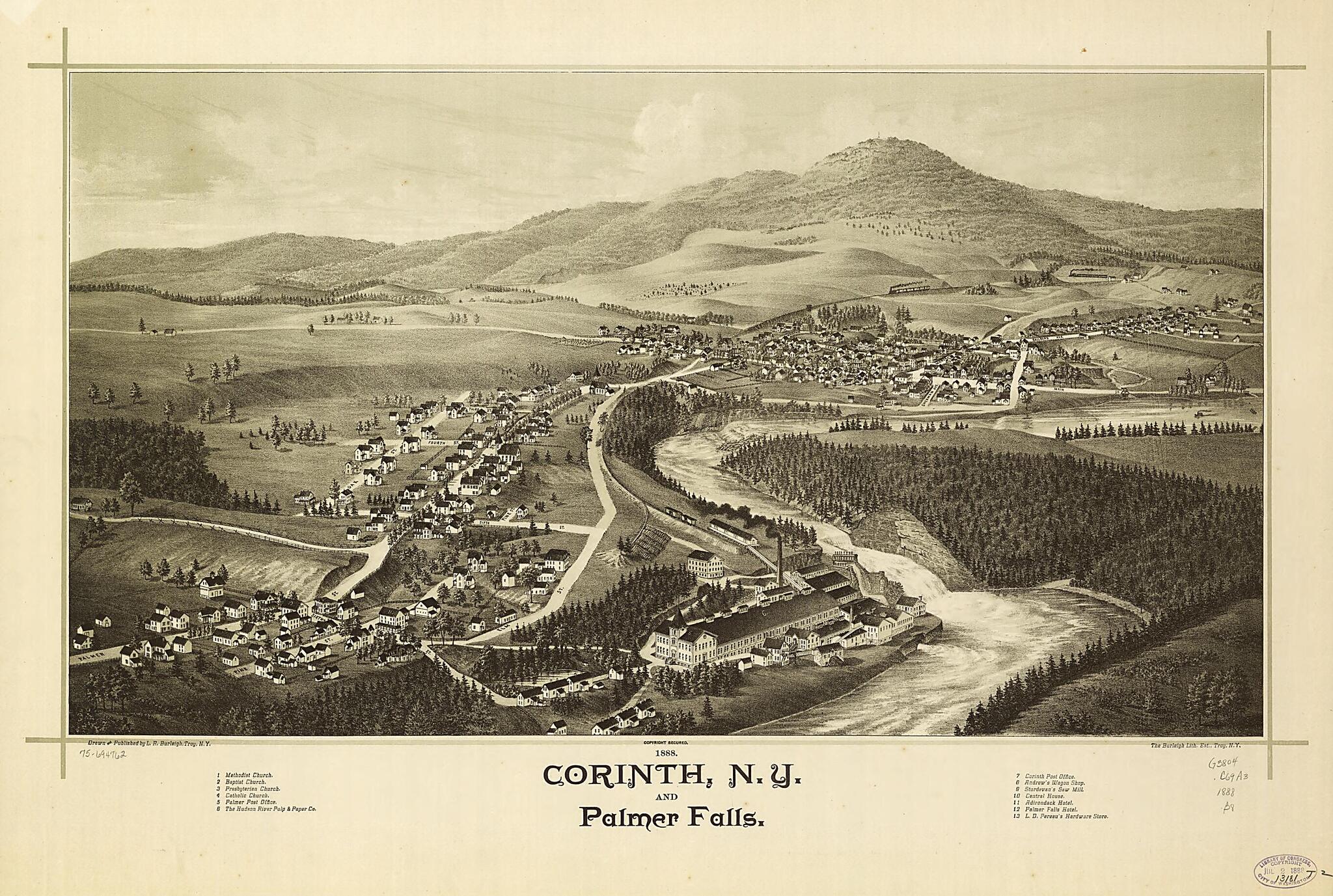 This old map of Corinth, New York and Palmer Falls from 1888 was created by  Burleigh Litho, L. R. (Lucien R.) Burleigh in 1888