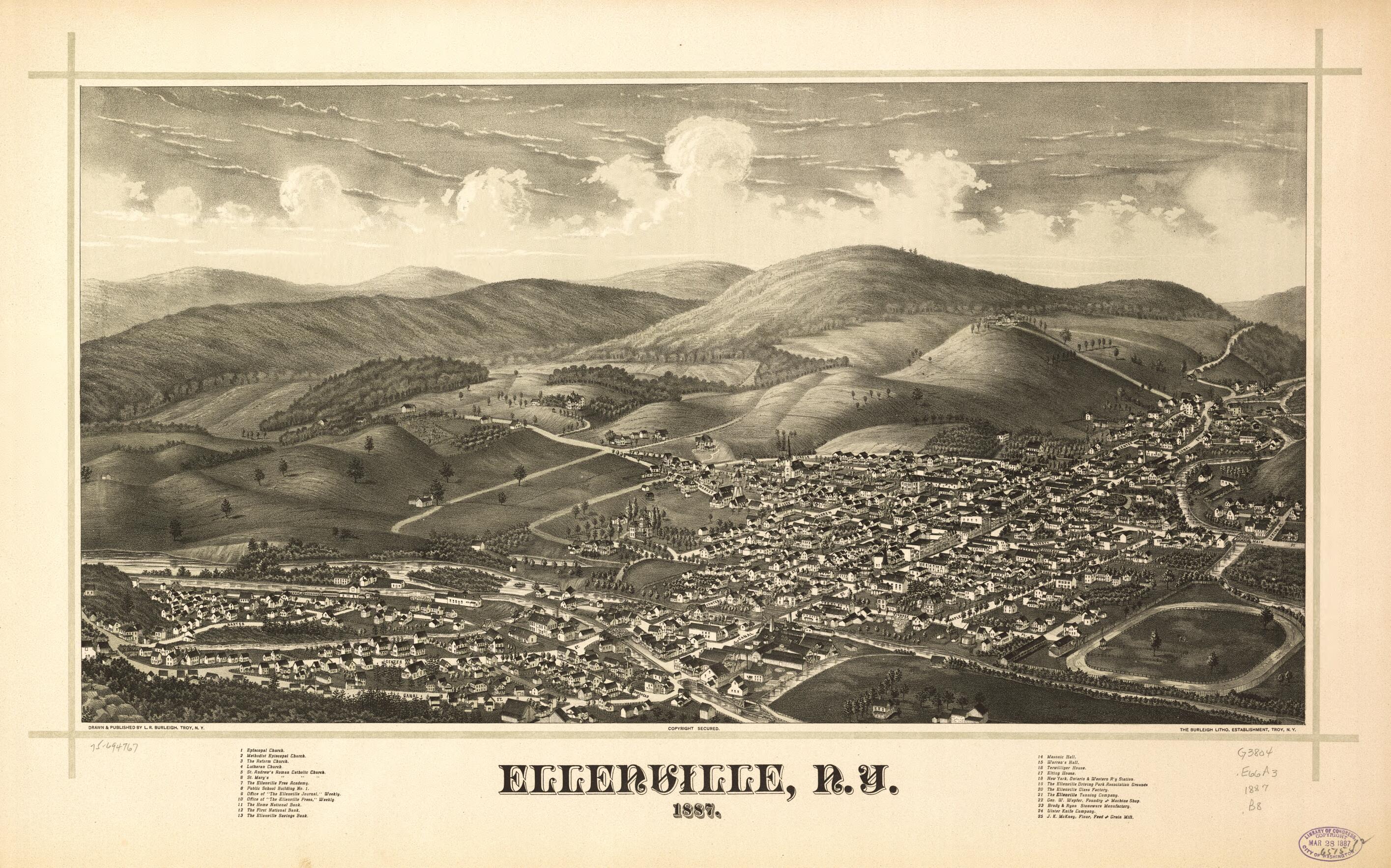 This old map of Ellenville, New York from 1887 was created by  Burleigh Litho, L. R. (Lucien R.) Burleigh in 1887