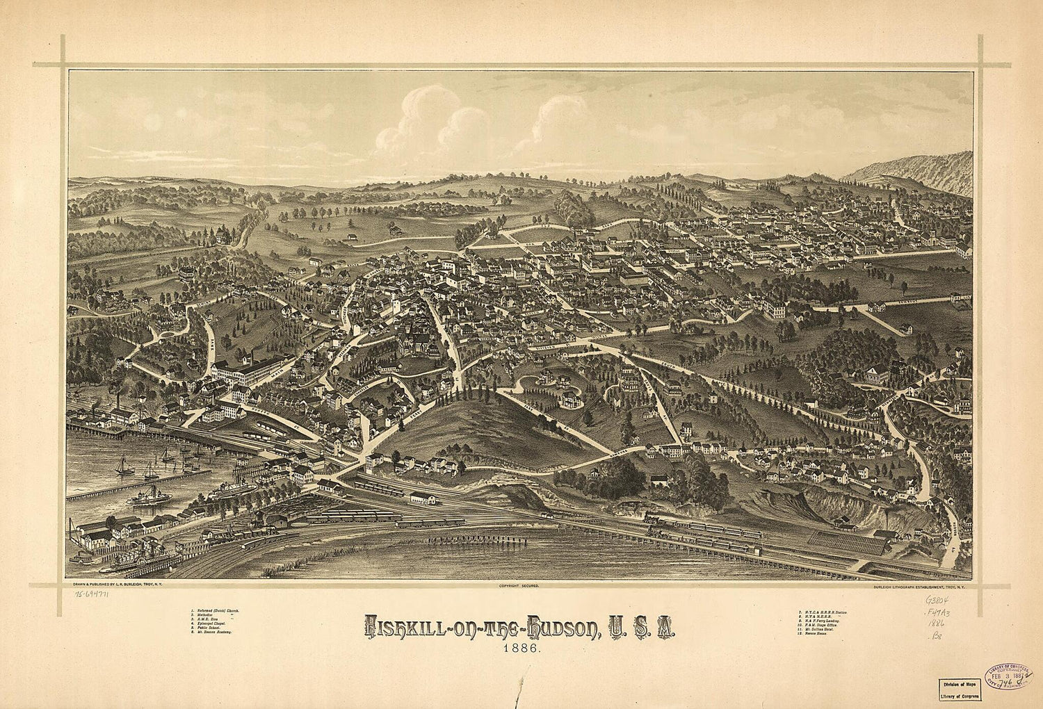 This old map of On-the-Hudson, U.S.A. from 1886 was created by  Burleigh Litho, L. R. (Lucien R.) Burleigh in 1886