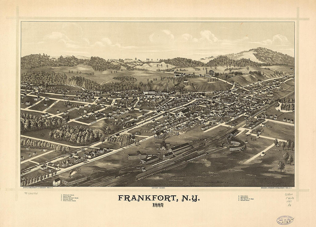 This old map of Frankfort, New York from 1887 was created by  Burleigh Litho, L. R. (Lucien R.) Burleigh in 1887