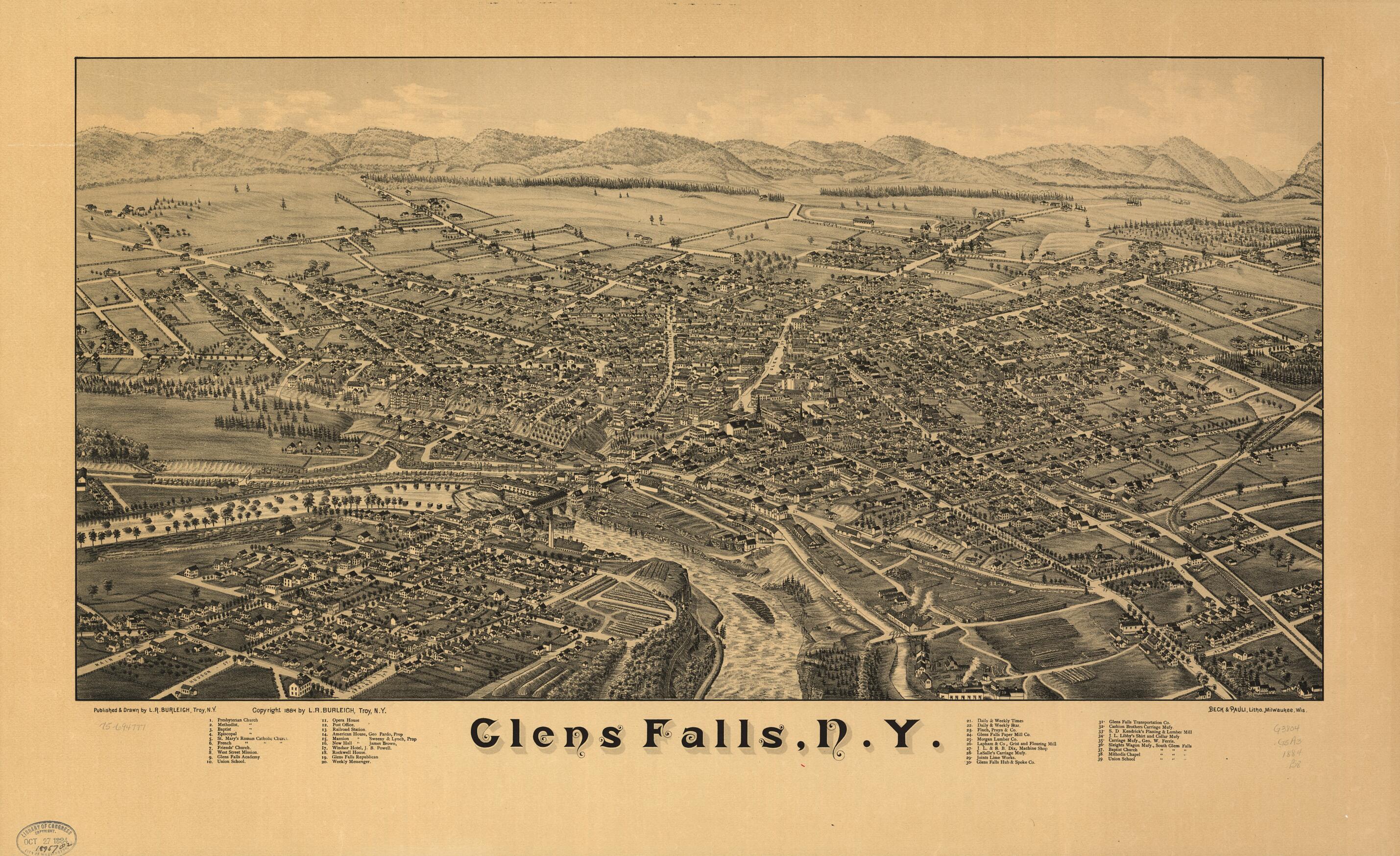 This old map of Glens Falls, New York from 1884 was created by  Beck &amp; Pauli, L. R. (Lucien R.) Burleigh in 1884