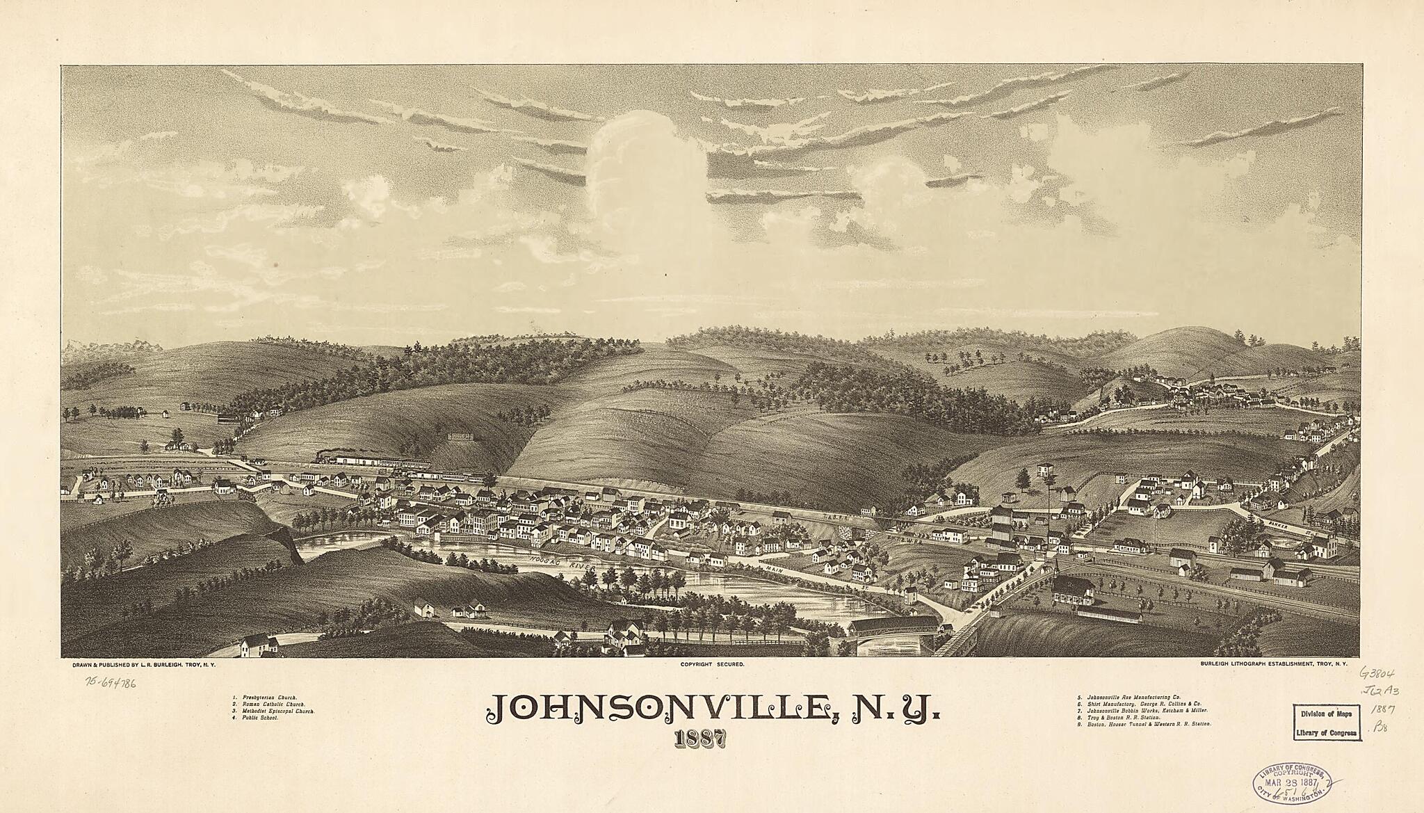 This old map of Johnsonville, New York from 1887 was created by  Burleigh Litho, L. R. (Lucien R.) Burleigh in 1887