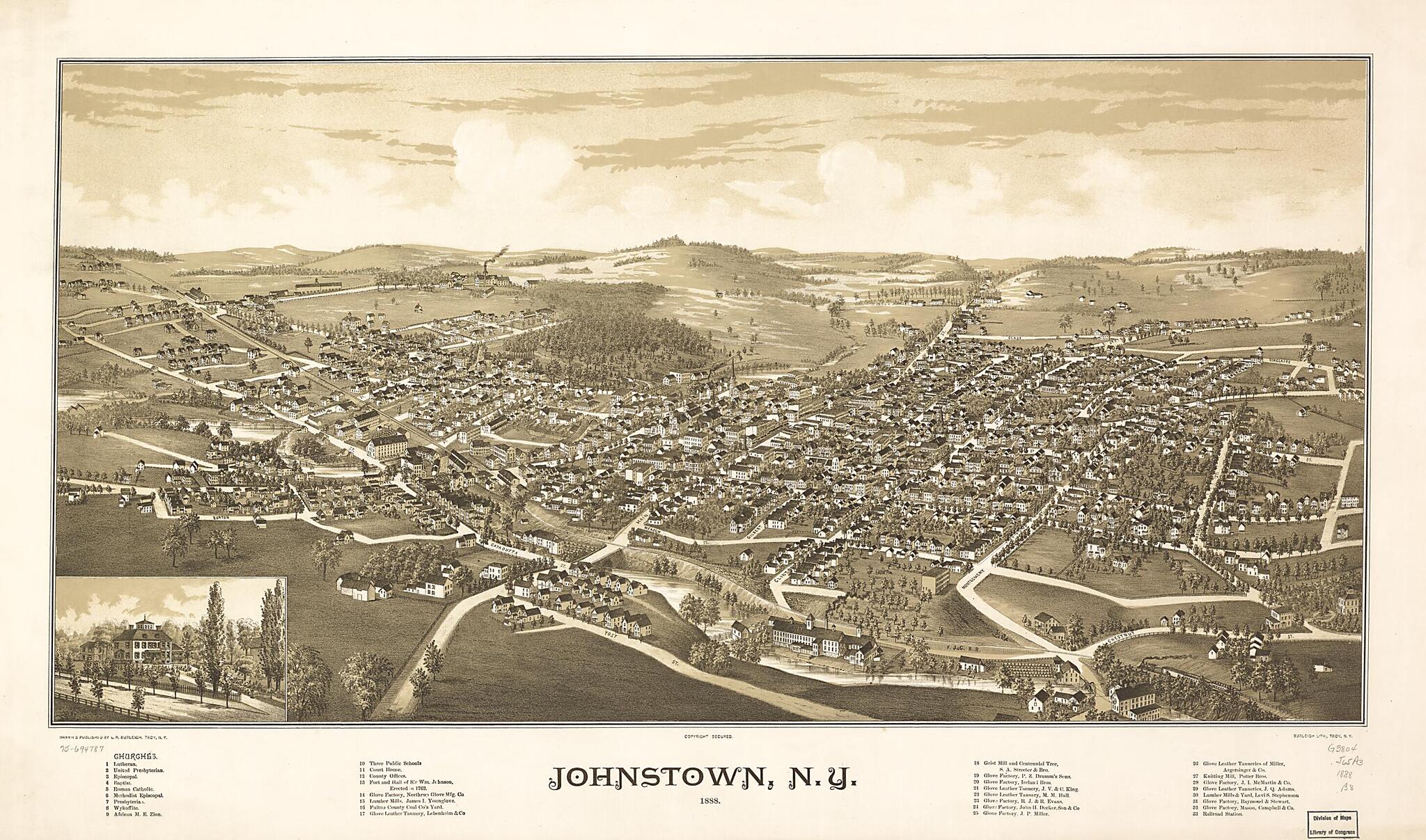 This old map of Johnstown, New York from 1888 was created by  Burleigh Litho, L. R. (Lucien R.) Burleigh in 1888