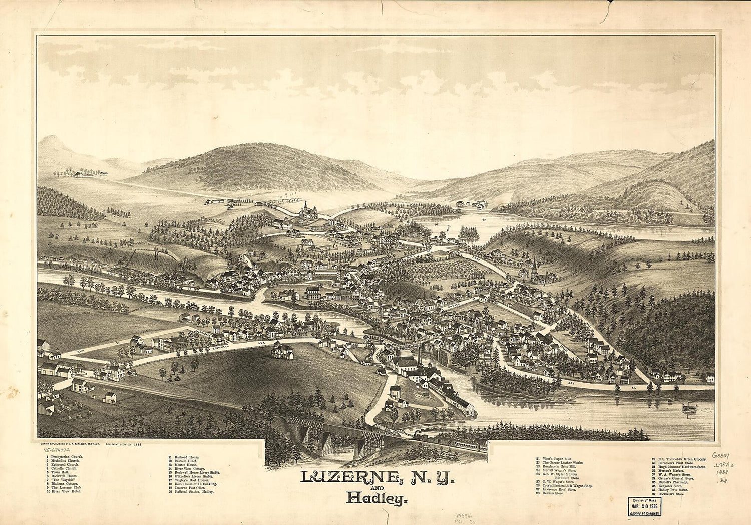 This old map of Luzerne, New York and Hadley from 1888 was created by L. R. (Lucien R.) Burleigh in 1888