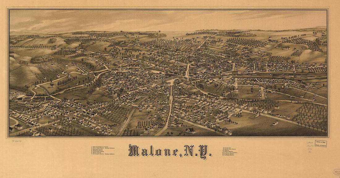 This old map of Malone, New York from 1886 was created by L. R. (Lucien R.) Burleigh,  C.H. Vogt &amp; Son in 1886
