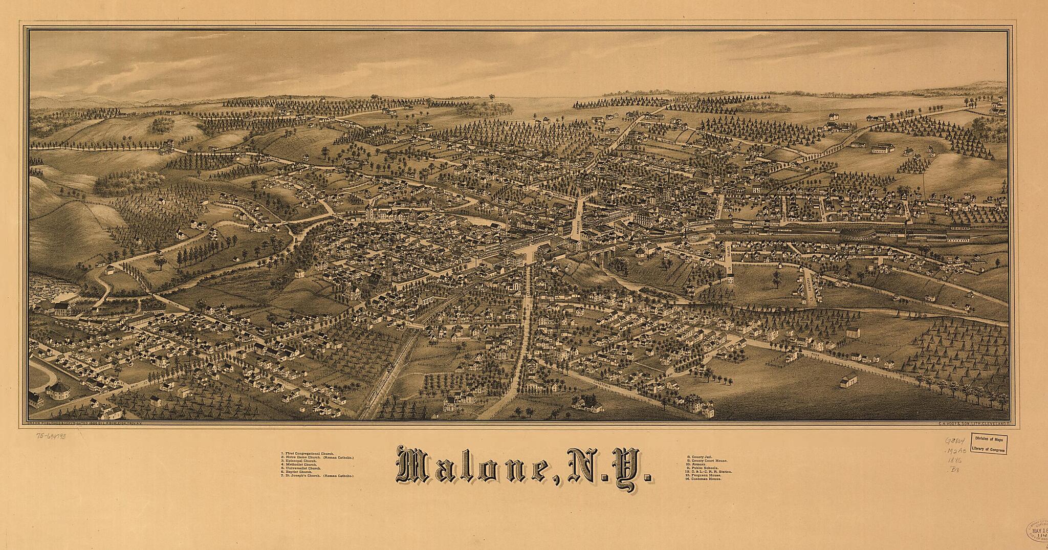 This old map of Malone, New York from 1886 was created by L. R. (Lucien R.) Burleigh,  C.H. Vogt &amp; Son in 1886