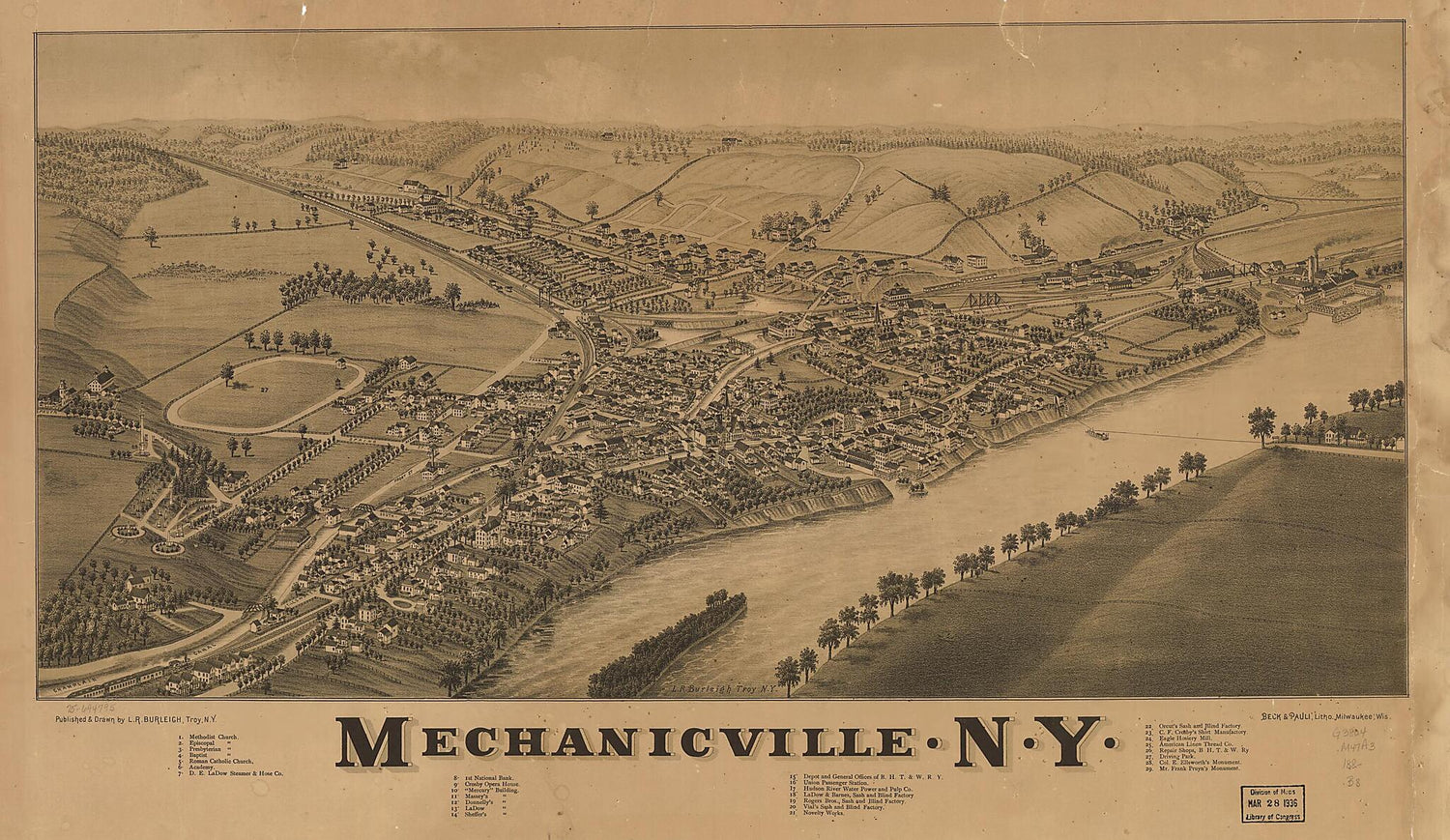 This old map of Mechanicville, New York from 1880 was created by  Beck &amp; Pauli, L. R. (Lucien R.) Burleigh in 1880