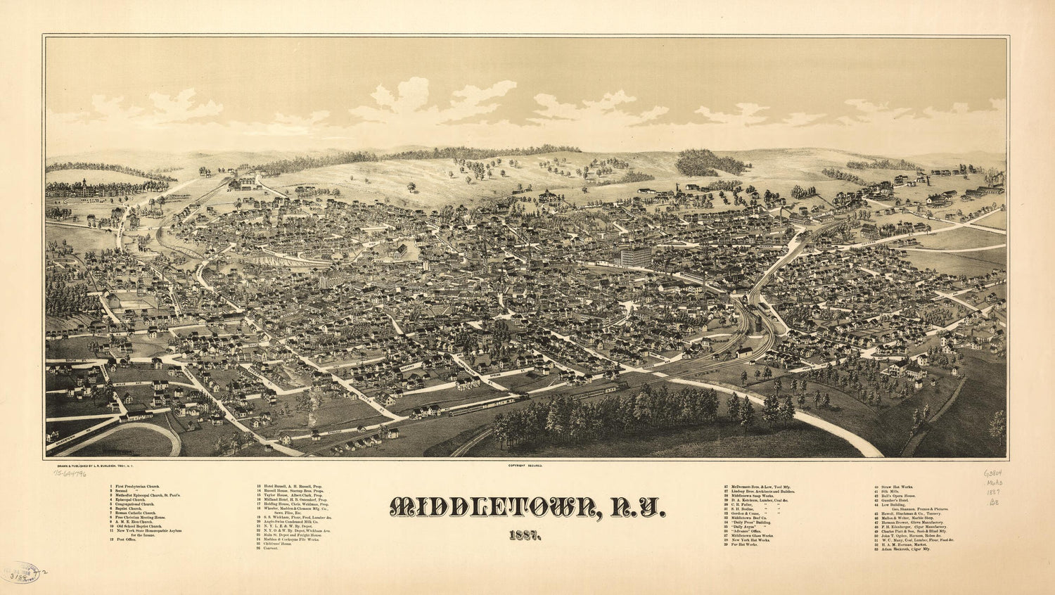 This old map of Middletown, New York from 1887 was created by L. R. (Lucien R.) Burleigh in 1887