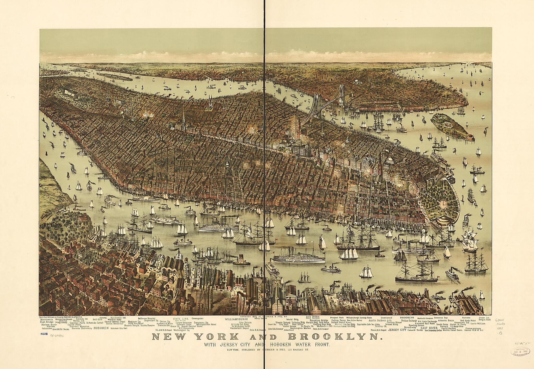 This old map of New York and Brooklyn, With Jersey City and Hoboken Water Front from 1892 was created by  Currier &amp; Ives,  Parsons &amp; Atwater in 1892