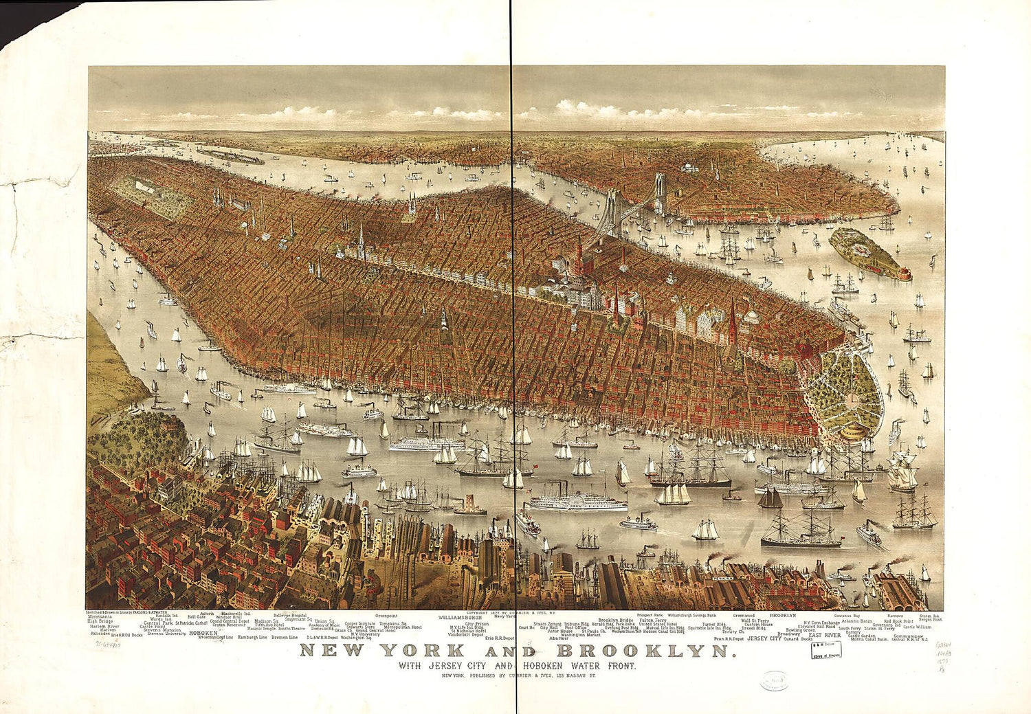 This old map of New York and Brooklyn, With Jersey City and Hoboken Water Front from 1877 was created by  Currier &amp; Ives,  Parsons &amp; Atwater in 1877