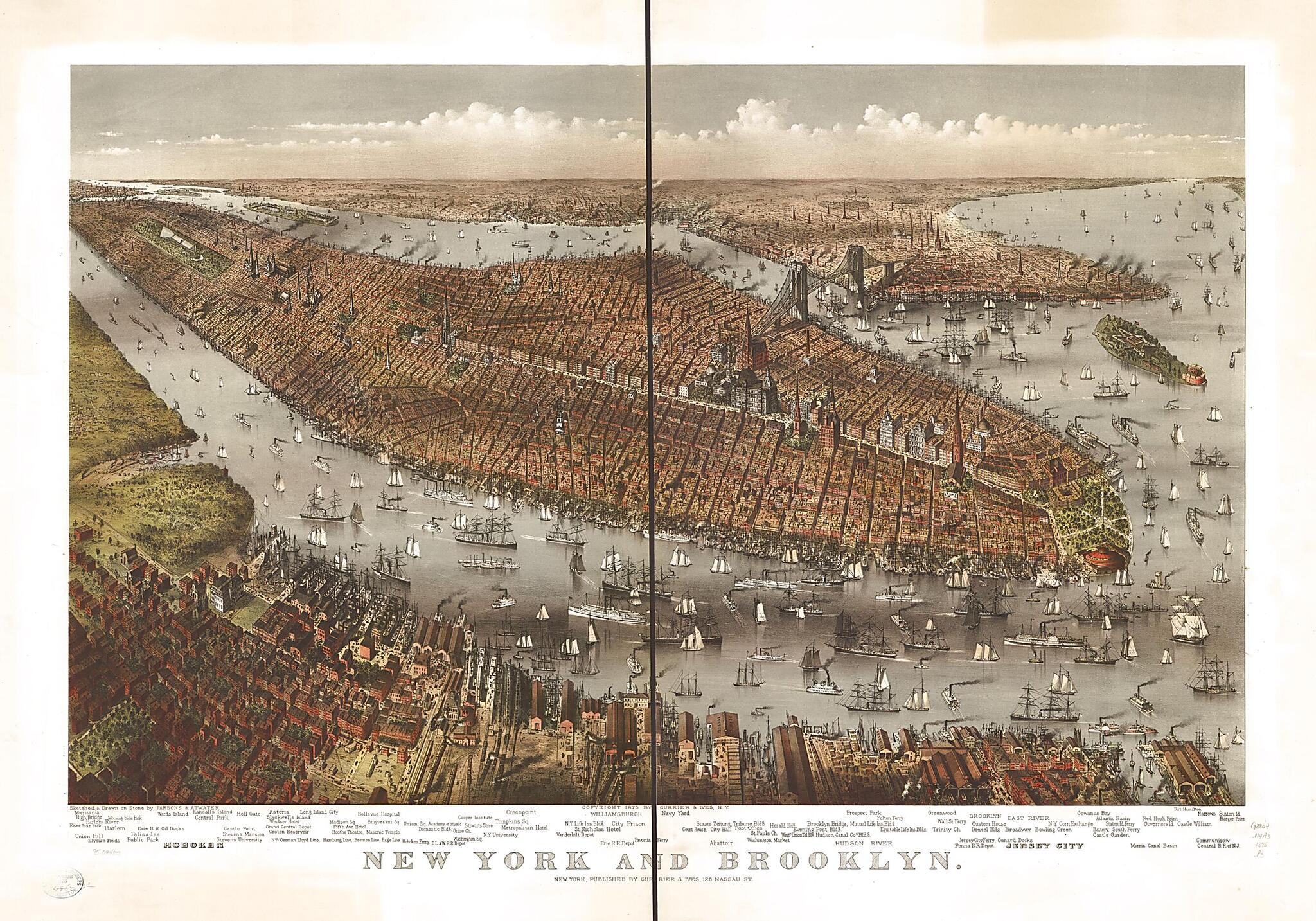 This old map of New York and Brooklyn from 1875 was created by  Currier &amp; Ives,  Parsons &amp; Atwater in 1875