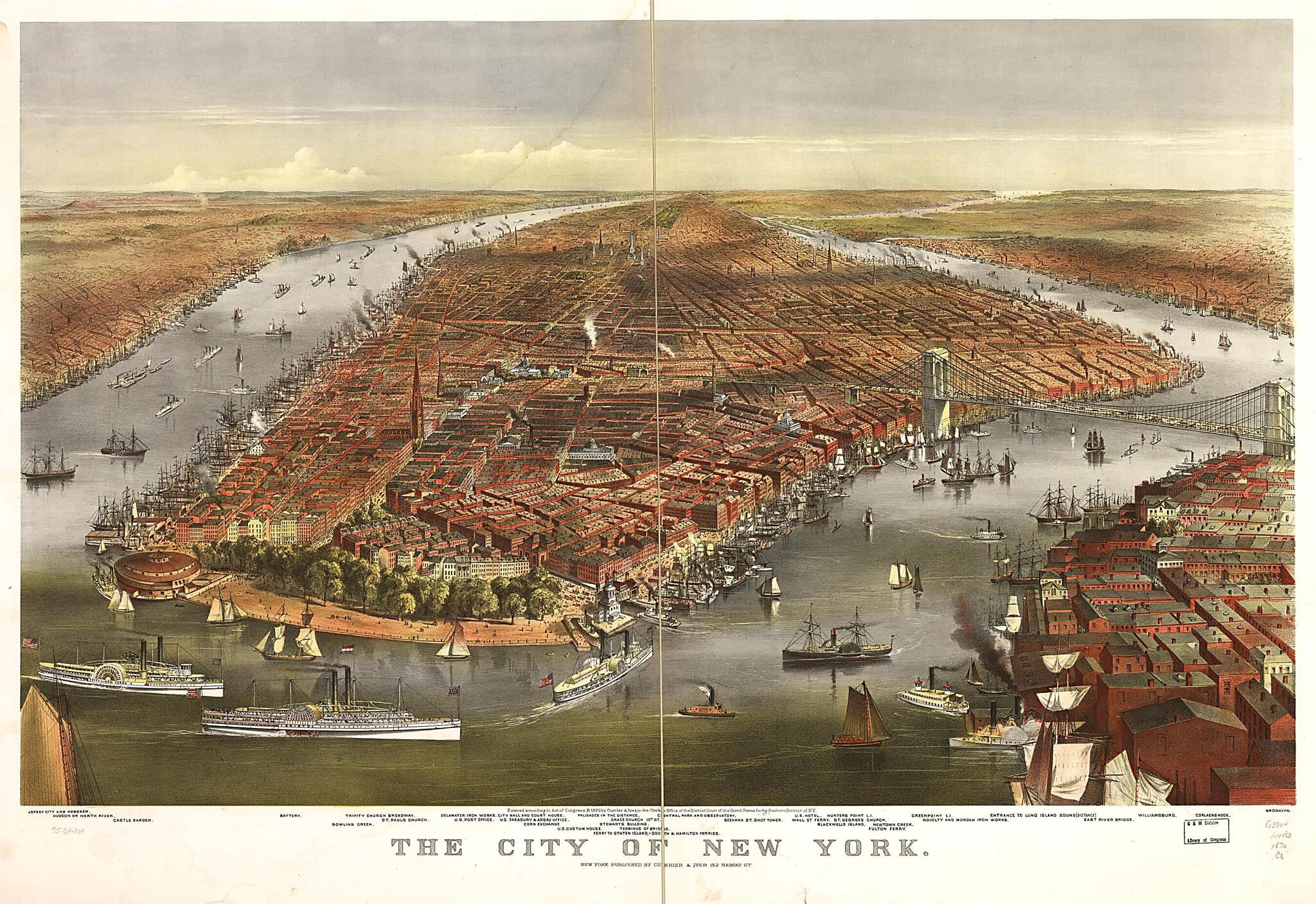 This old map of The City of New York from 1870 was created by  Currier &amp; Ives in 1870