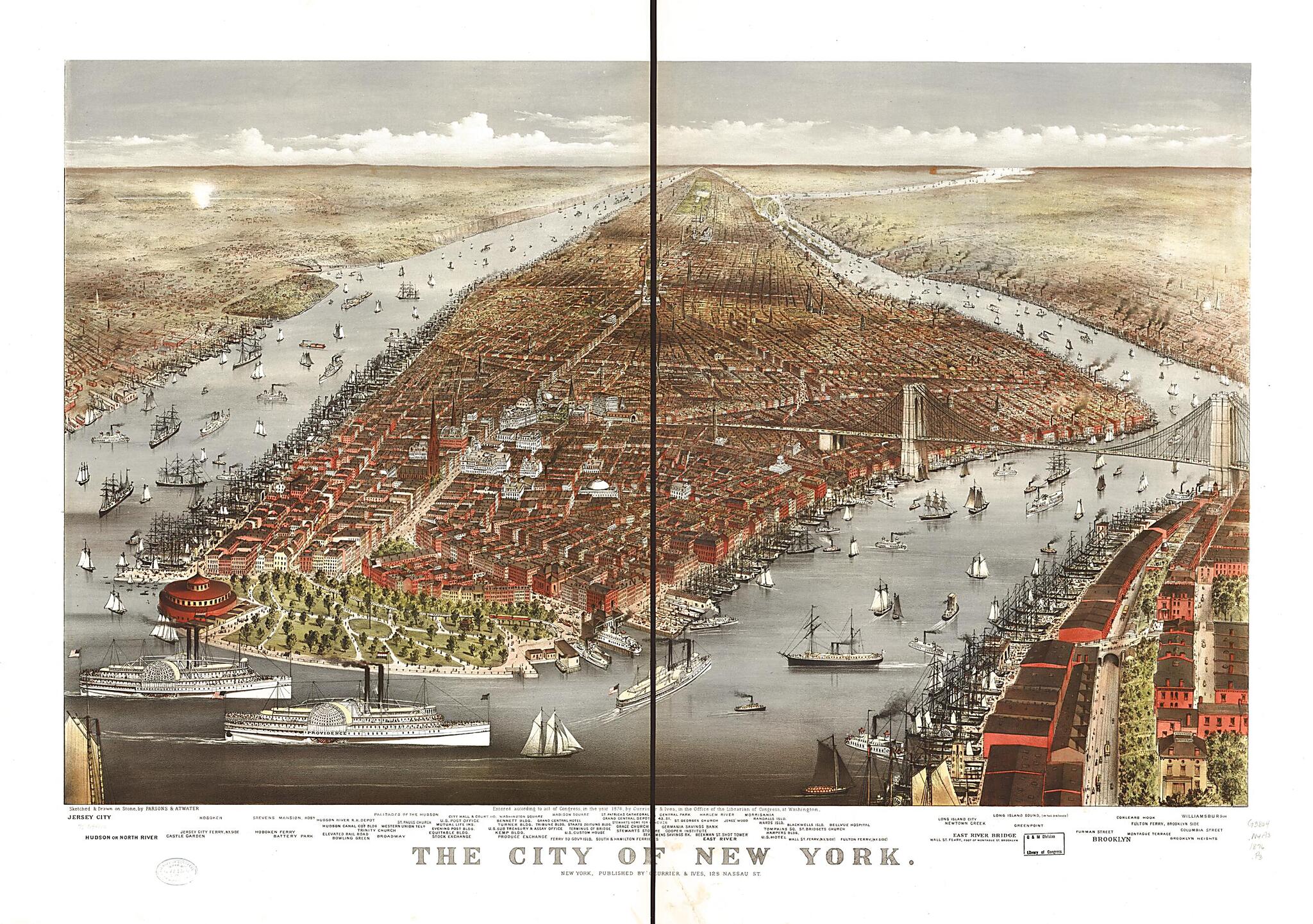 This old map of The City of New York from 1876 was created by  Currier &amp; Ives,  Parsons &amp; Atwater in 1876