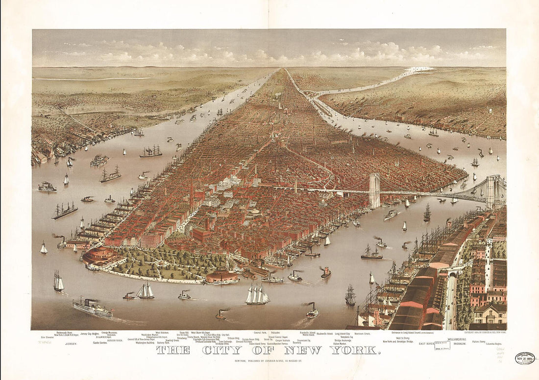 This old map of The City of New York from 1884 was created by  Currier &amp; Ives in 1884