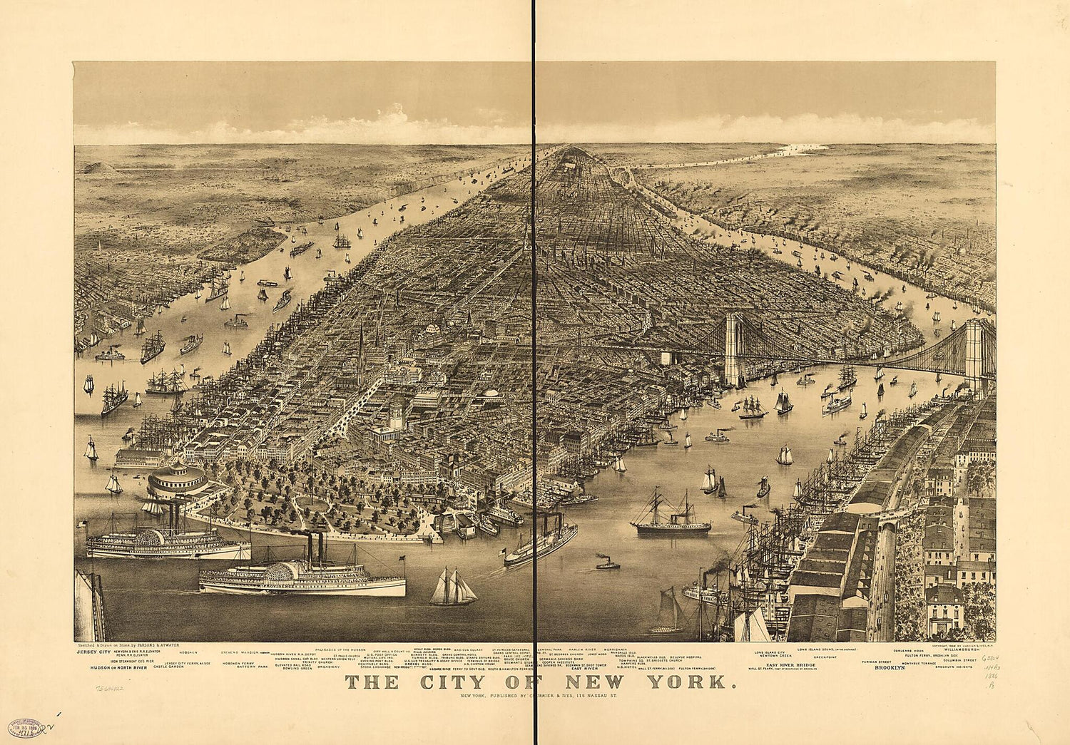 This old map of The City of New York from 1886 was created by  Currier &amp; Ives,  Parsons &amp; Atwater in 1886