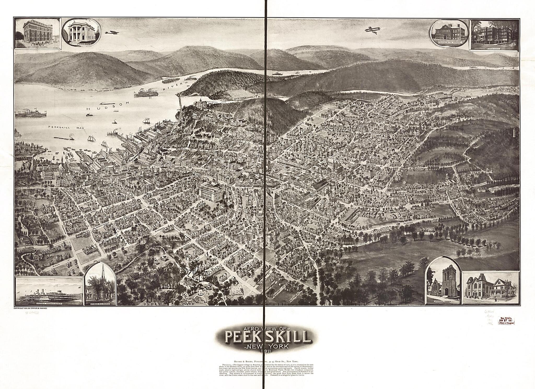 This old map of Aero View of Peekskill, New York from 1911 was created by  Hughes &amp; Bailey,  Hughes &amp; Fowler in 1911