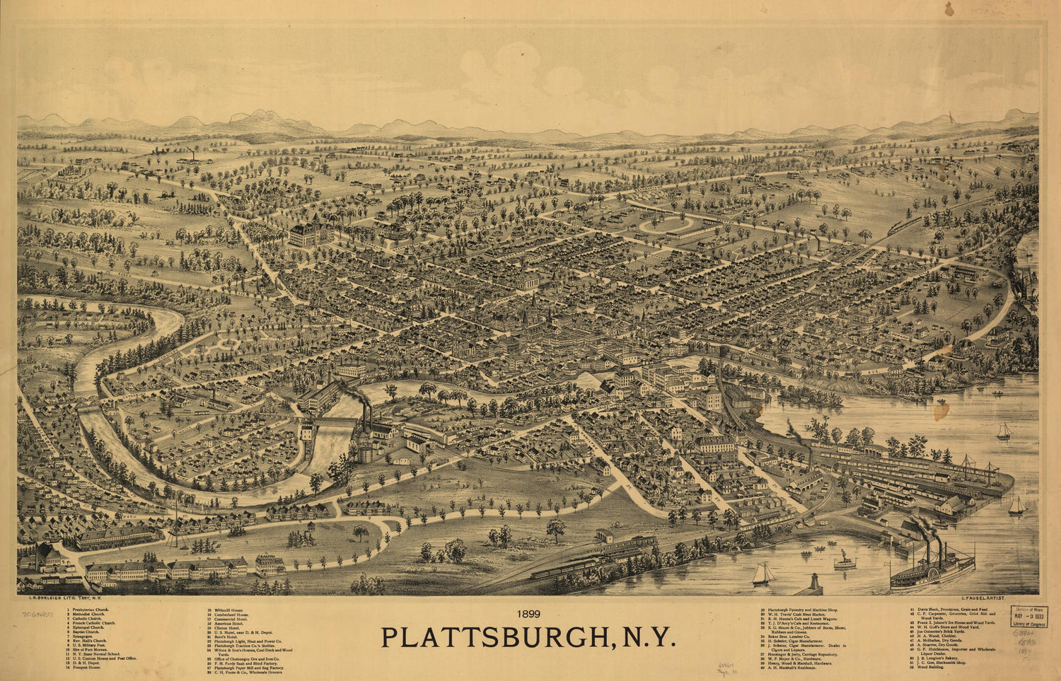 This old map of Plattsburgh, New York from 1899 was created by L. R. (Lucien R.) Burleigh, C. (Christian) Fausel in 1899