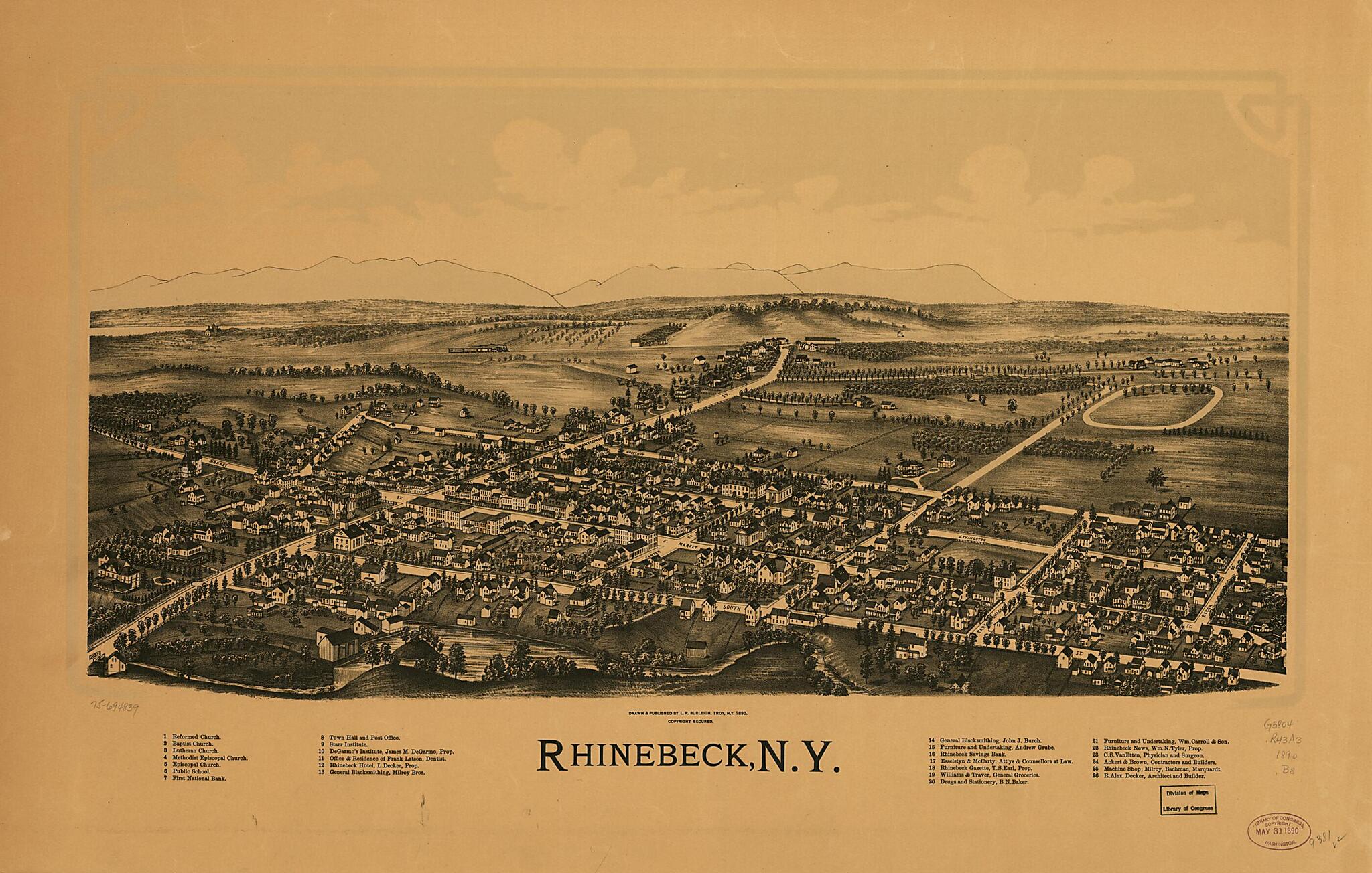 This old map of Rhinebeck, New York from 1890 was created by L. R. (Lucien R.) Burleigh in 1890