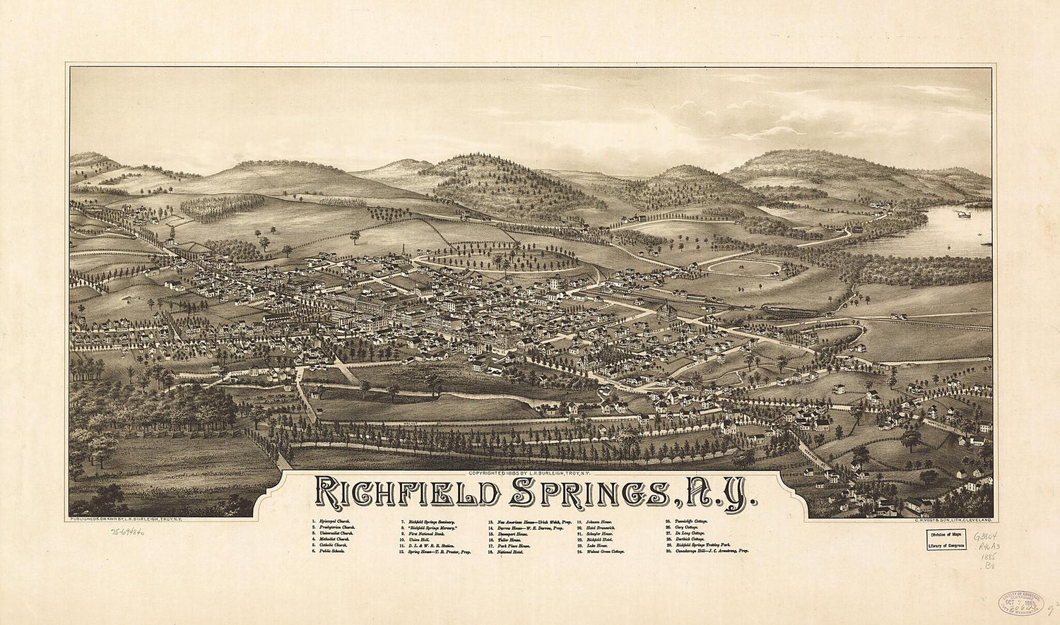 This old map of Richfield Springs, New York from 1885 was created by L. R. (Lucien R.) Burleigh,  C.H. Vogt &amp; Son in 1885