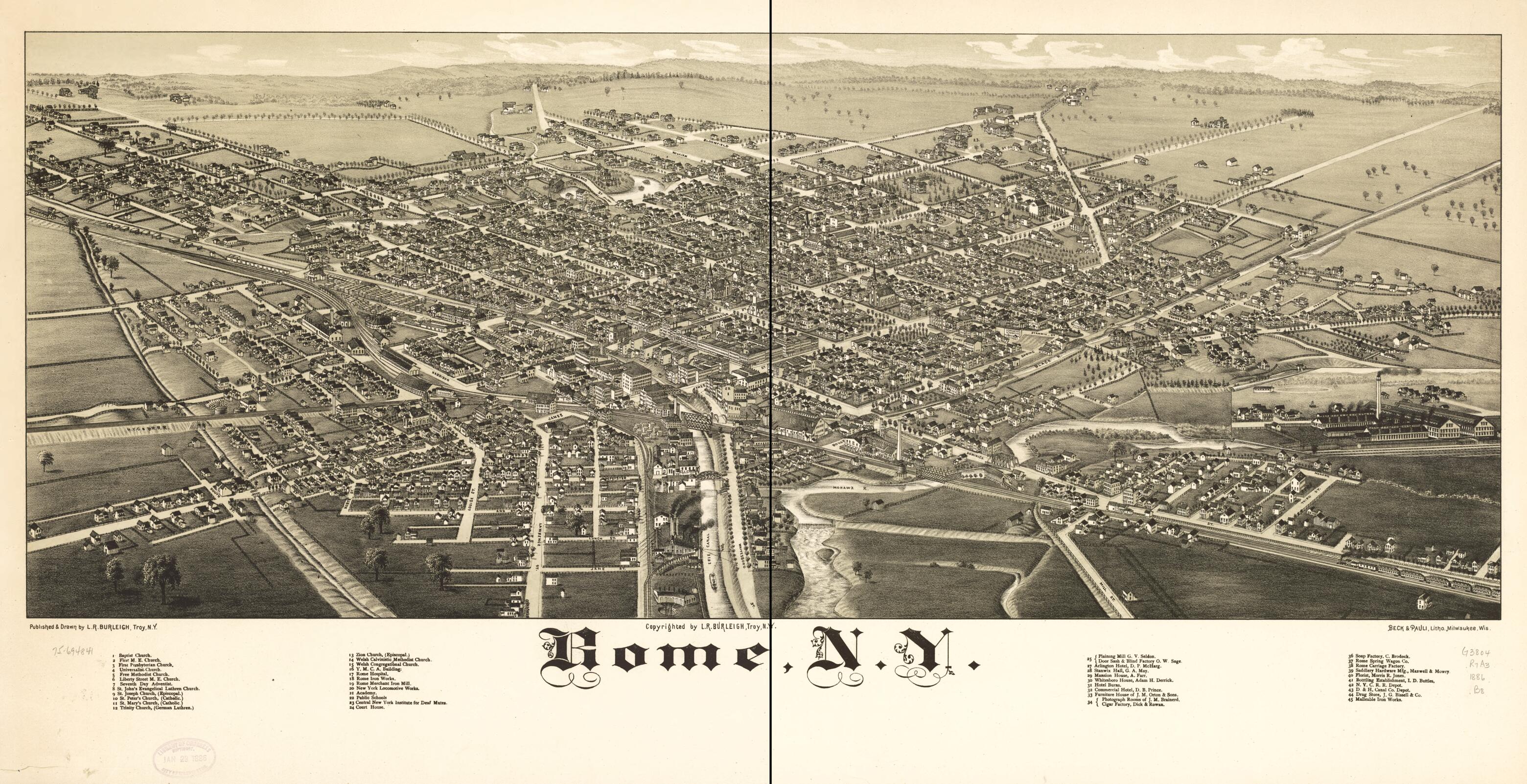 This old map of Rome, New York from 1886 was created by  Beck &amp; Pauli, L. R. (Lucien R.) Burleigh in 1886