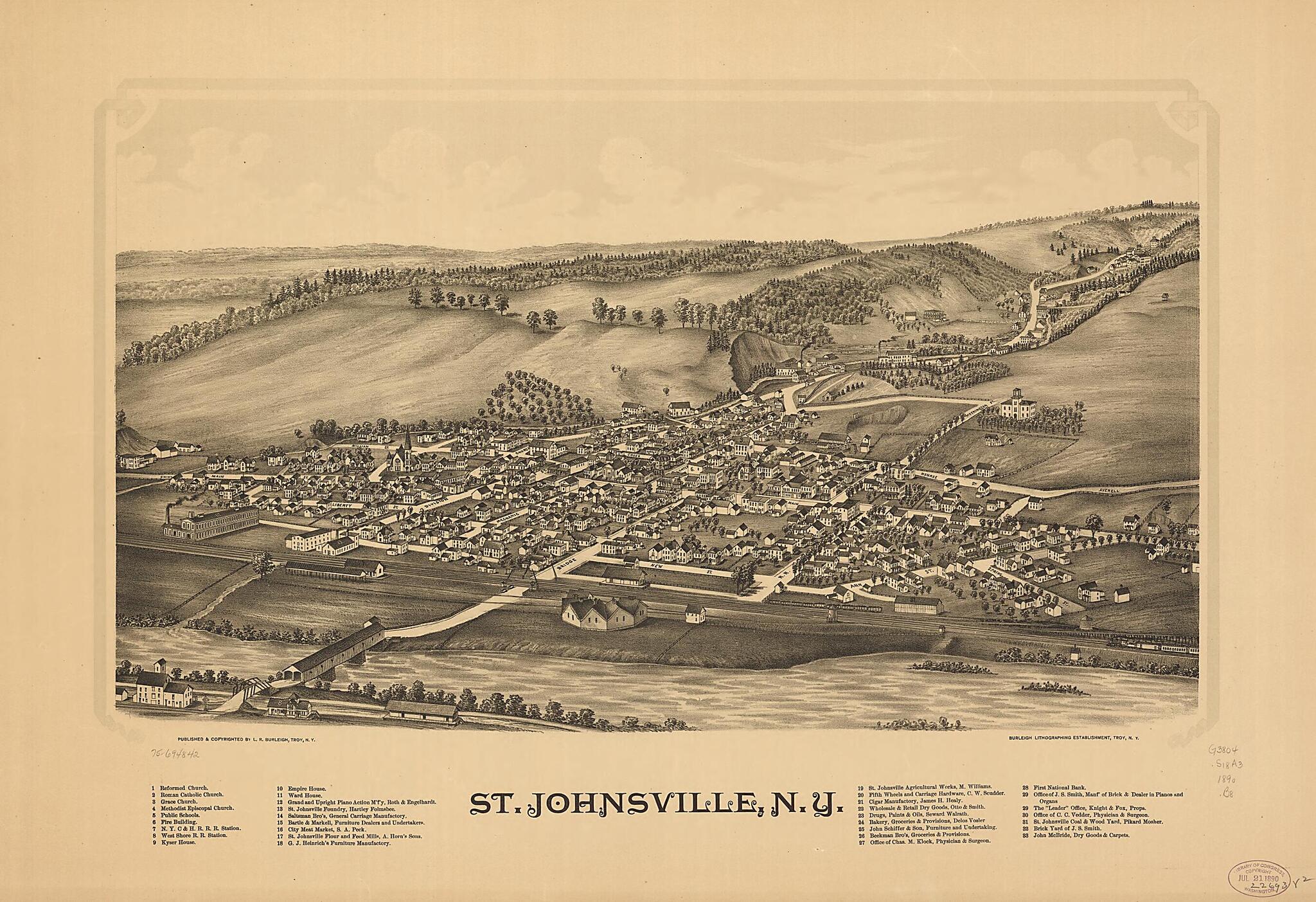 This old map of St. Johnsville, New York from 1890 was created by  Burleigh Litho, L. R. (Lucien R.) Burleigh in 1890