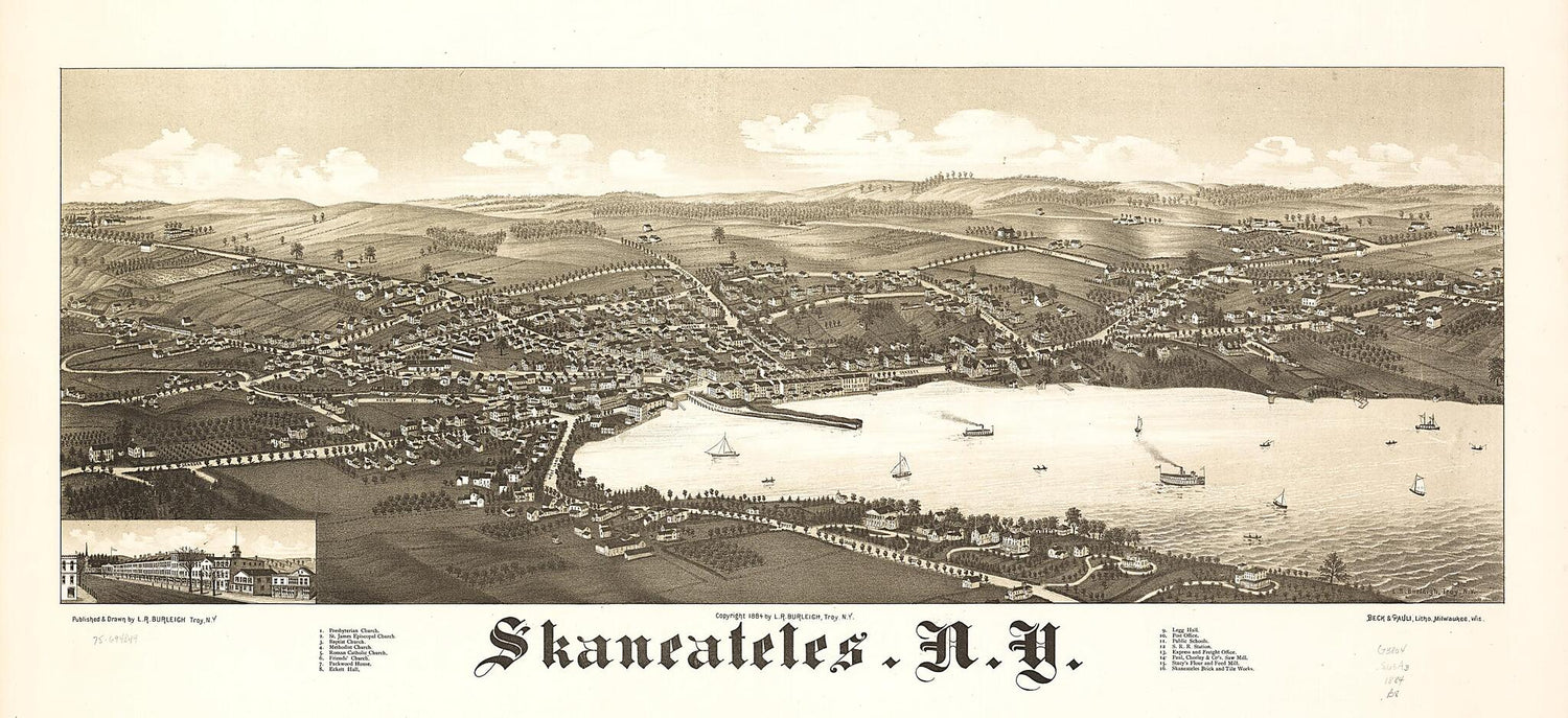 This old map of Skaneateles, New York from 1884 was created by  Beck &amp; Pauli, L. R. (Lucien R.) Burleigh in 1884