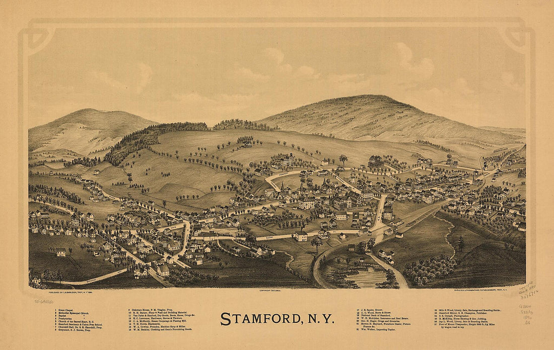This old map of Stamford, New York from 1890 was created by  Burleigh Litho, L. R. (Lucien R.) Burleigh in 1890