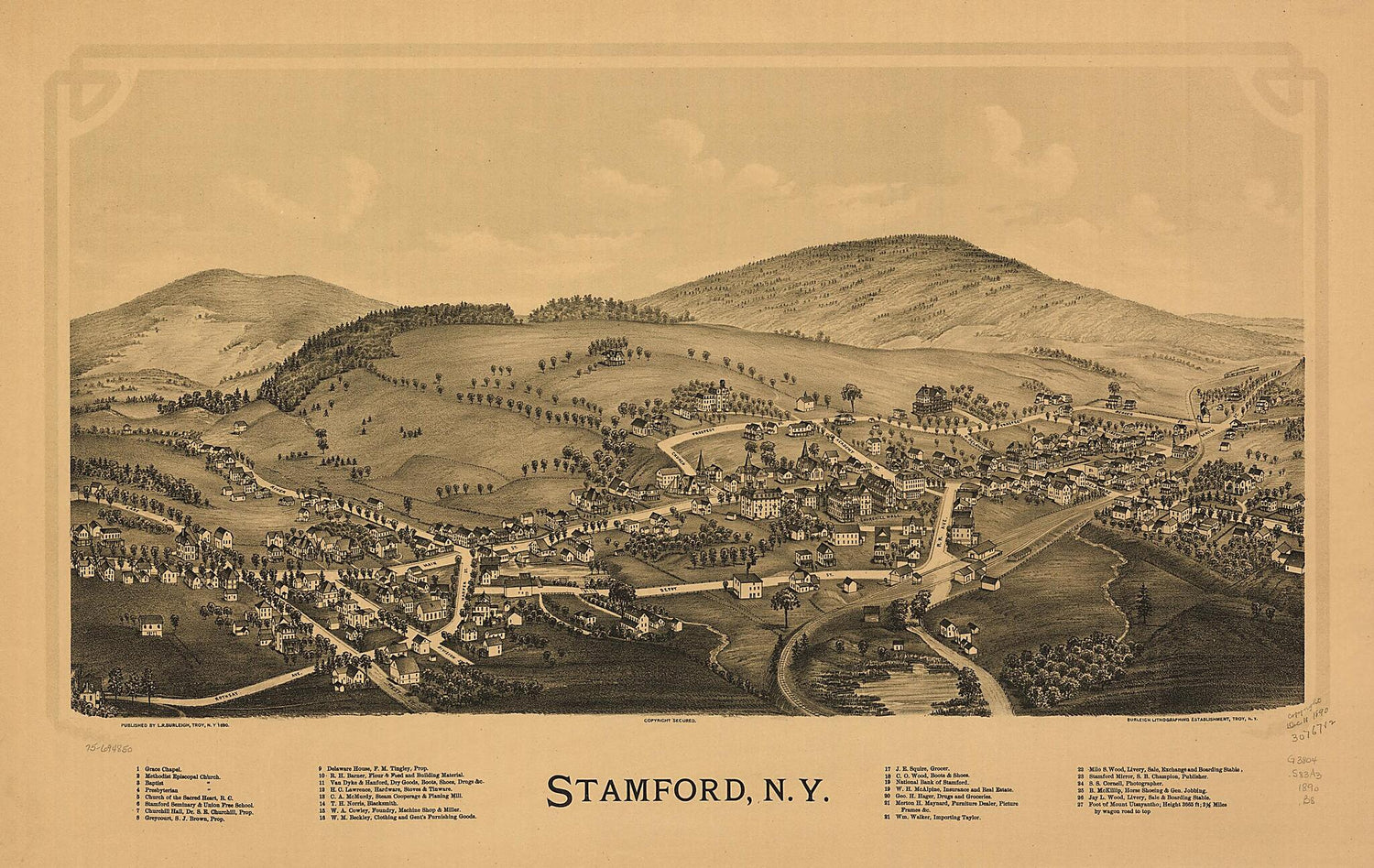This old map of Stamford, New York from 1890 was created by  Burleigh Litho, L. R. (Lucien R.) Burleigh in 1890