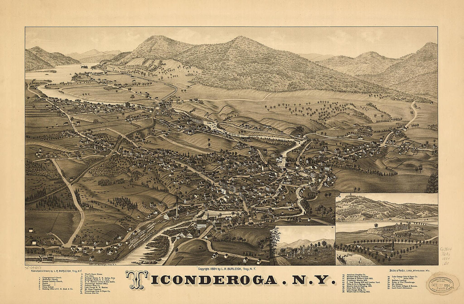 This old map of Ticonderoga, New York from 1884 was created by  Beck &amp; Pauli, L. R. (Lucien R.) Burleigh in 1884