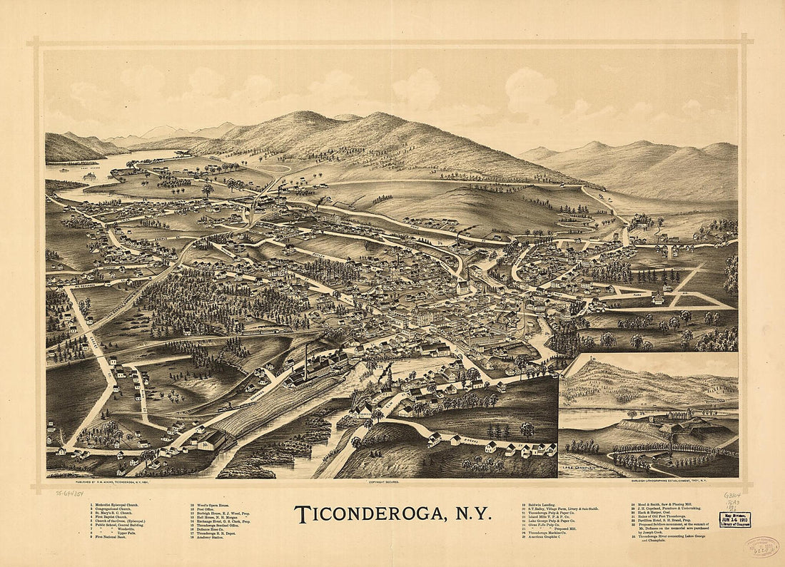 This old map of Ticonderoga, New York from 1891 was created by R. M. Adkins,  Burleigh Litho in 1891