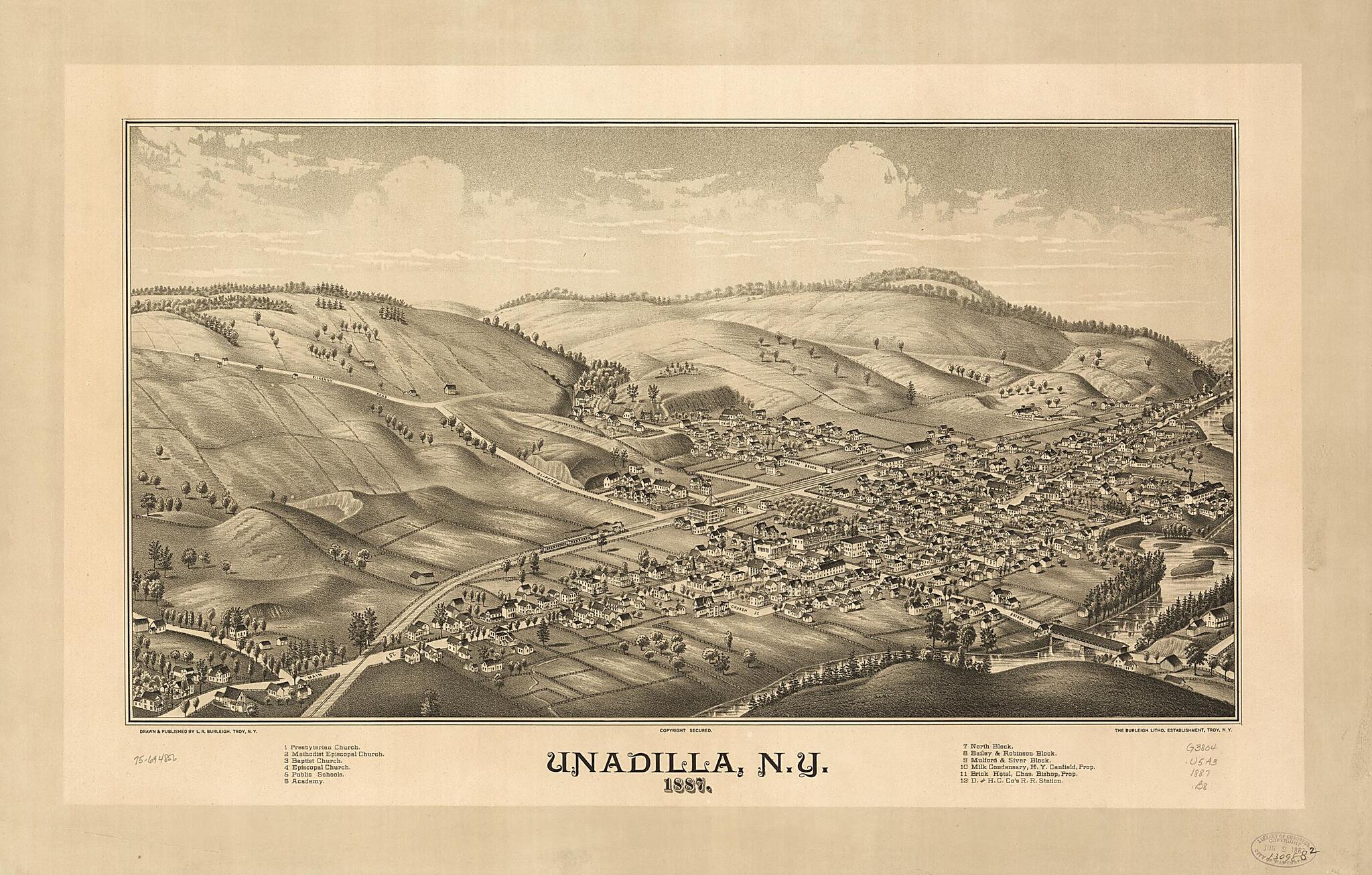 This old map of Unadilla, New York from 1887 was created by  Burleigh Litho, L. R. (Lucien R.) Burleigh in 1887