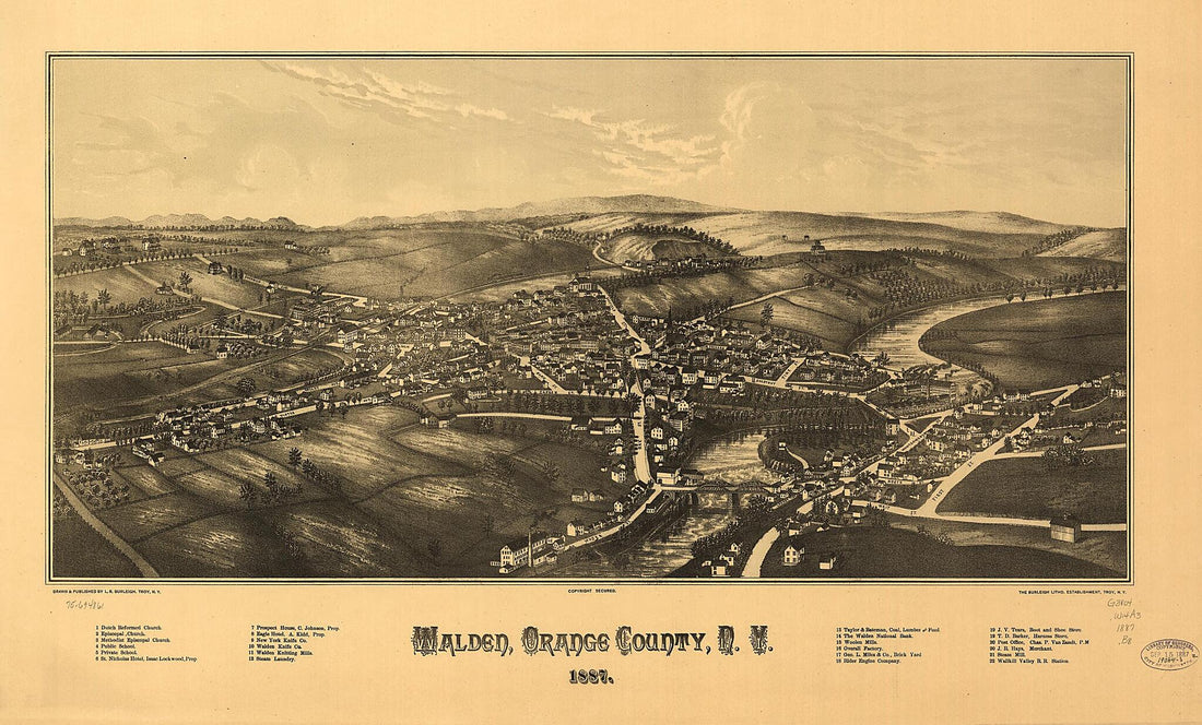 This old map of Walden, Orange County, New York from 1887 was created by  Burleigh Litho, L. R. (Lucien R.) Burleigh in 1887